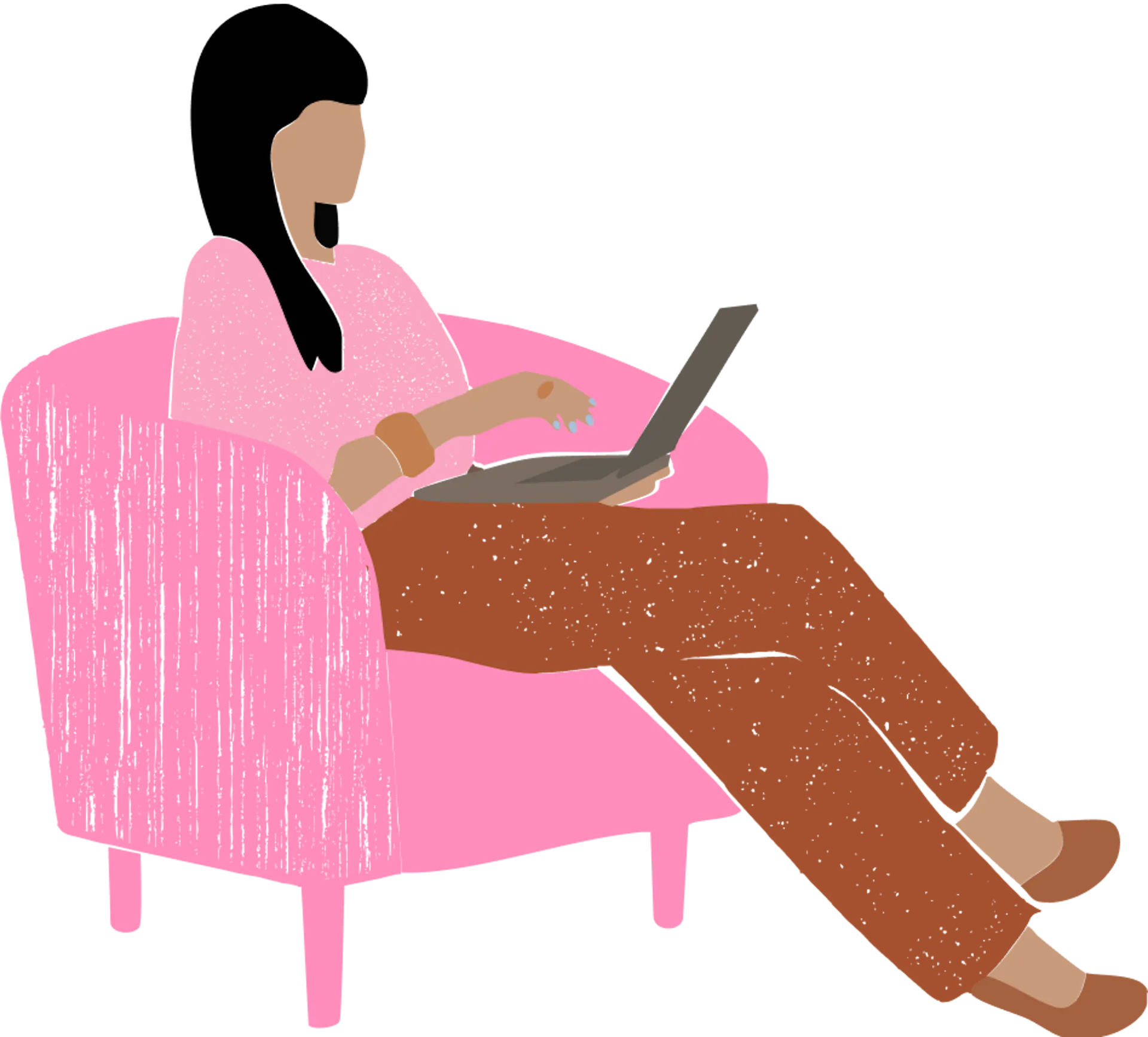 An illustration of a woman on a laptop researching foods for vaginal health.