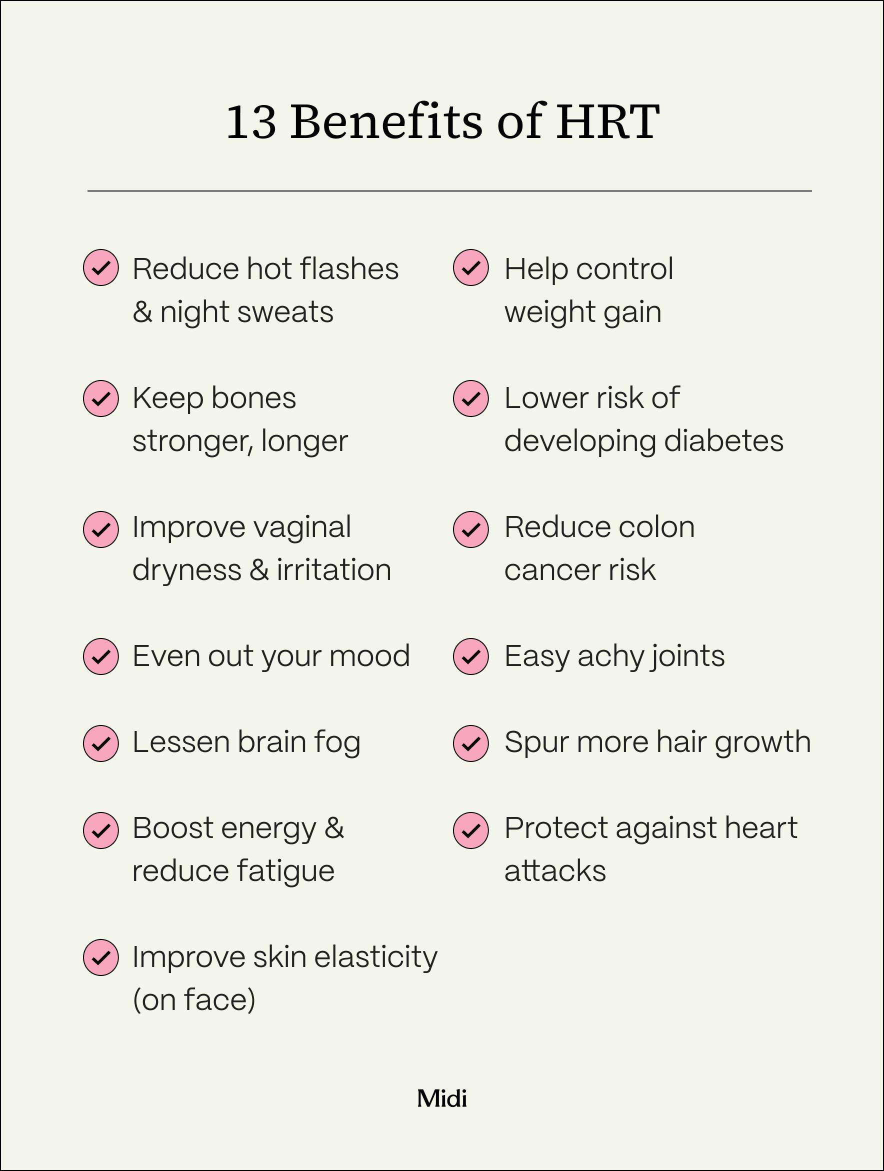 graphic listing  13 Benefits of hormone replacement therapy