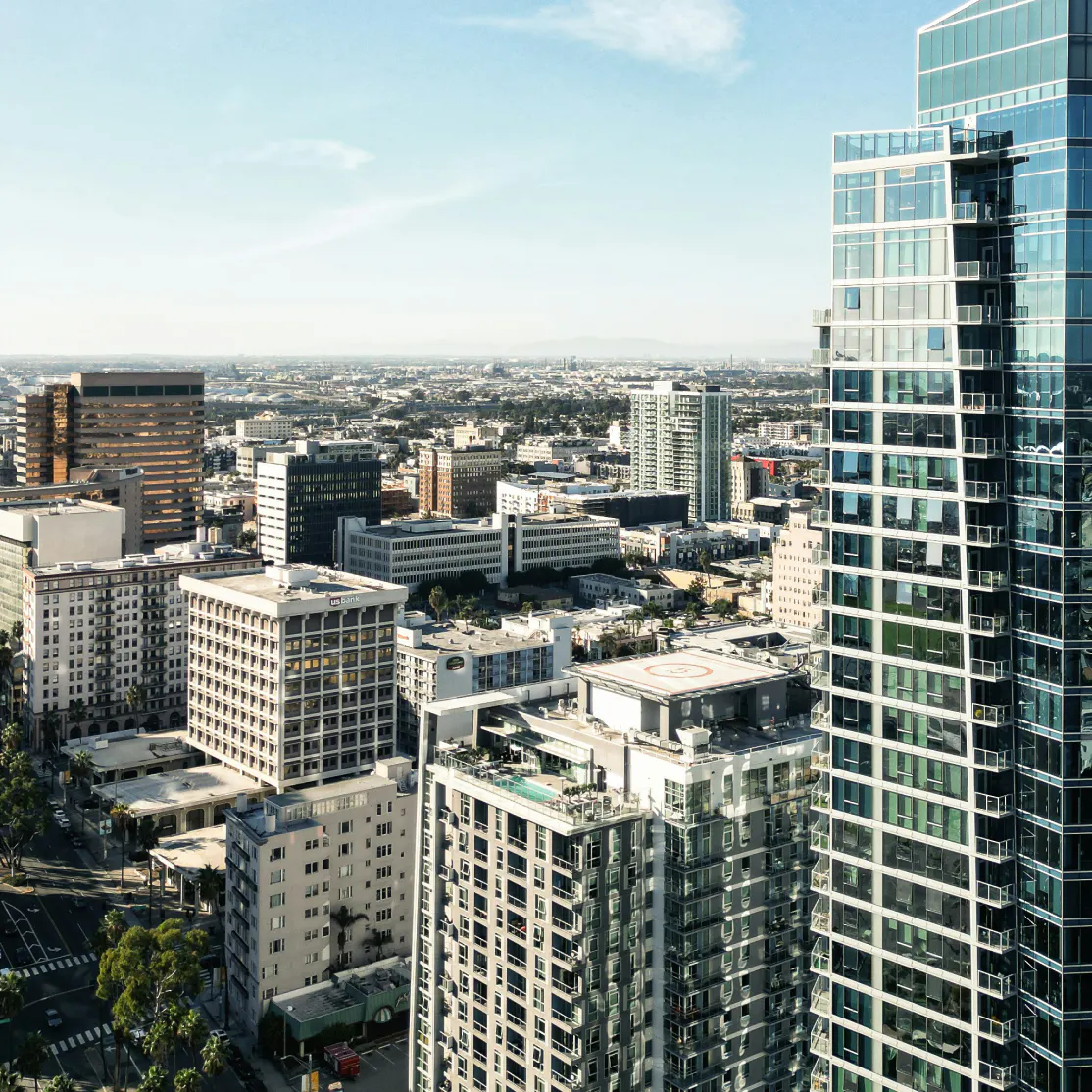 Aerial view of the downtown Long Beach, CA skyline