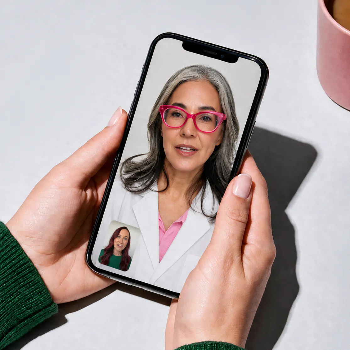A photo of a woman speaking with a healthcare professional via telehealth on her phone.