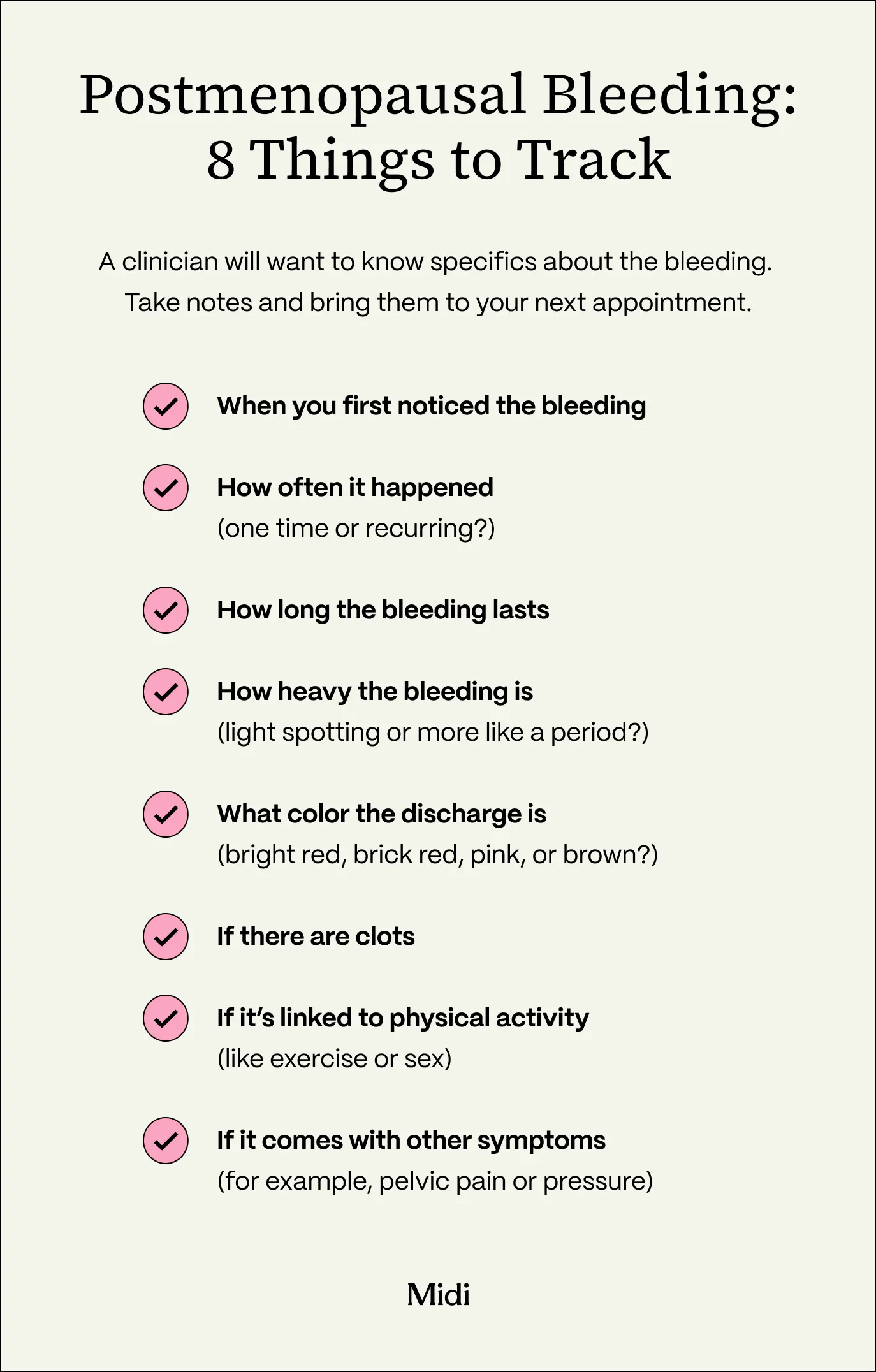 checklist of things to track when you notice postmenopausal bleeding