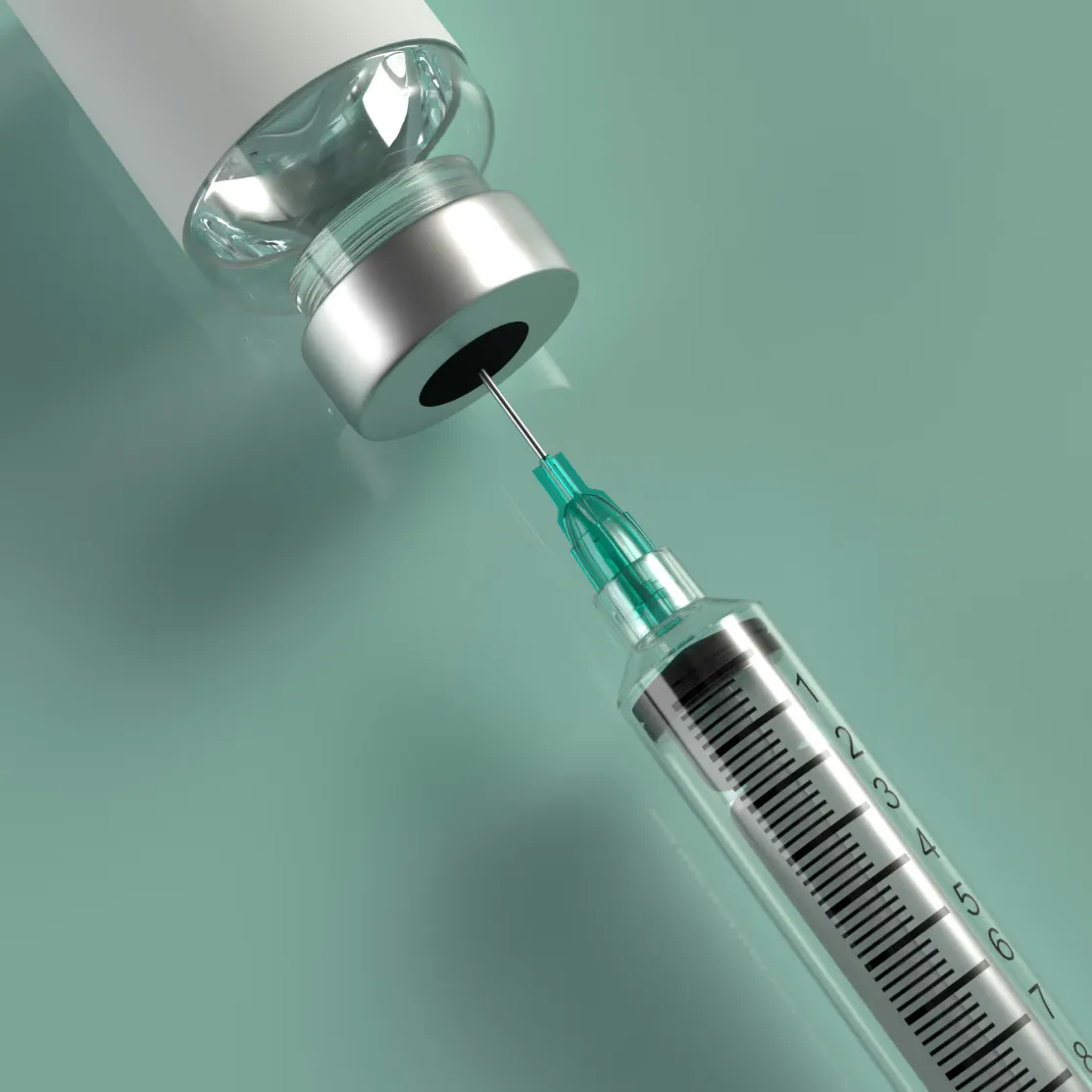 A close-up shot of a medical syringe needle inserted into the silver cap of a glass medication vial of tirzepatide or semaglutide. The syringe features clear plastic with black measurement markings and a teal-colored needle hub, set against a minimalist, solid sage green background.