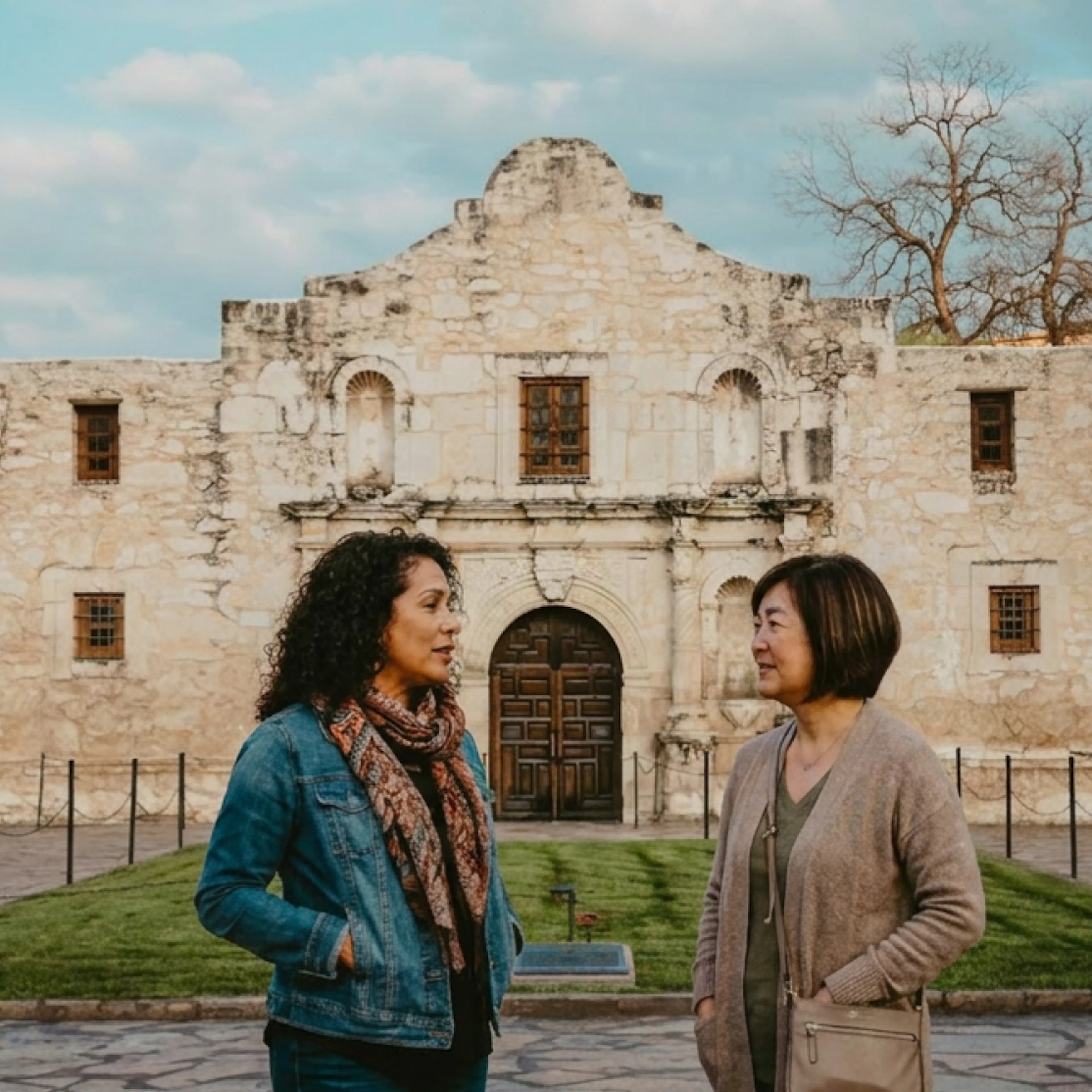 Two women in menopause chatting while standing in front of the Alamo Mission in downtown San Antonio, TX.