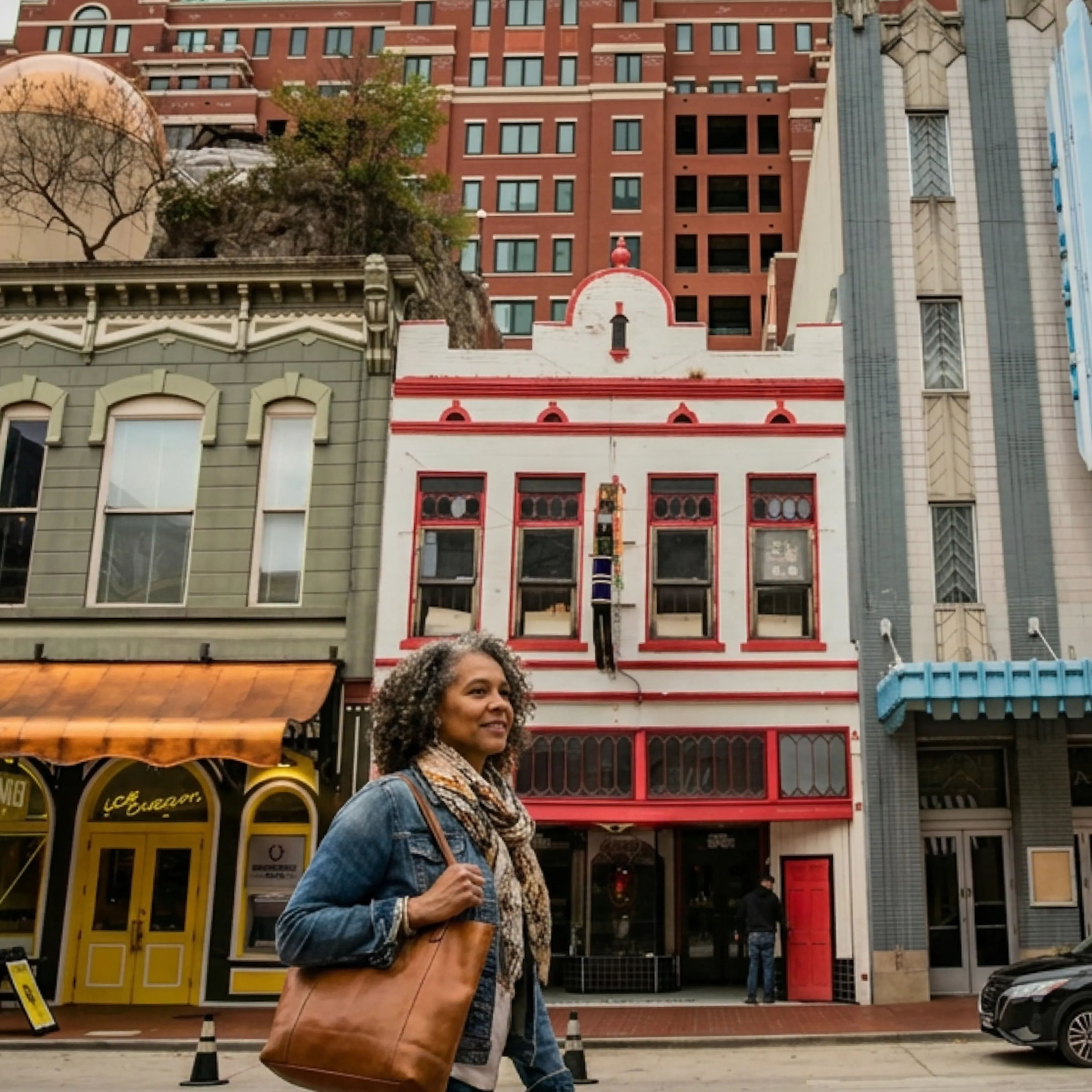 A woman in menopause walking in downtown Fort Worth.
