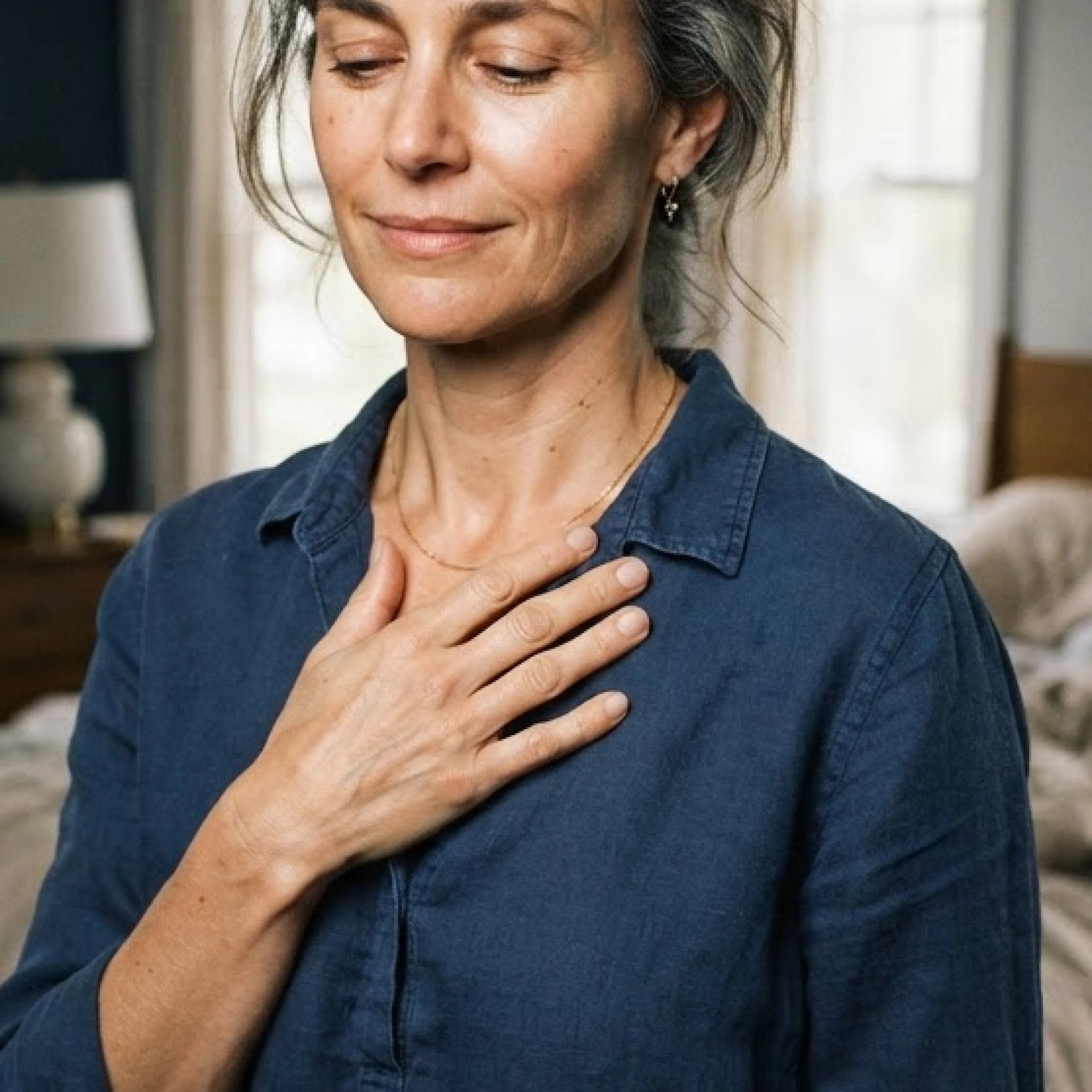 A woman in midlife, doing deep breathing with her hand on her chest.
