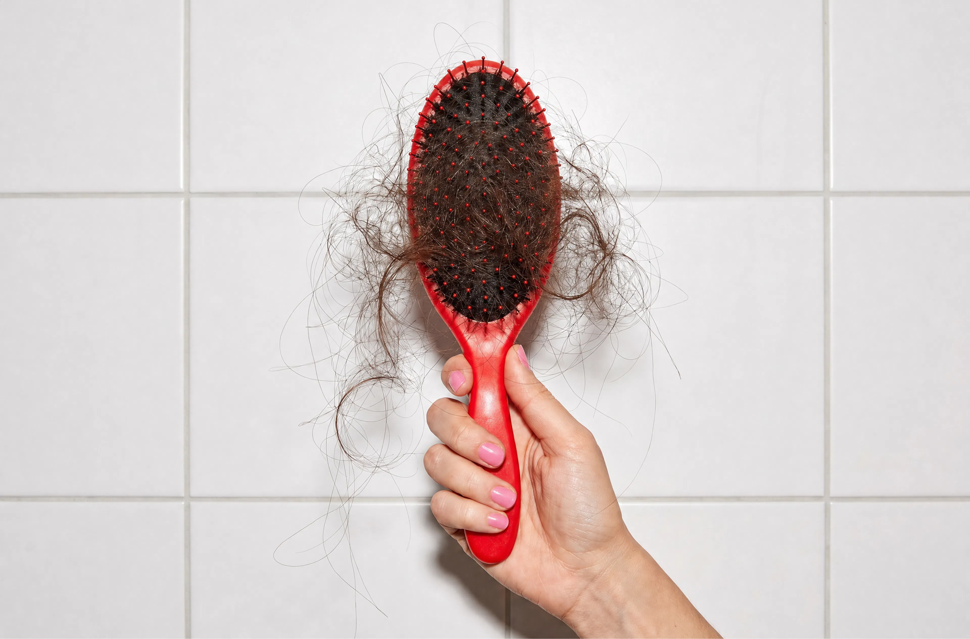 Hand holding a brush full of hair
