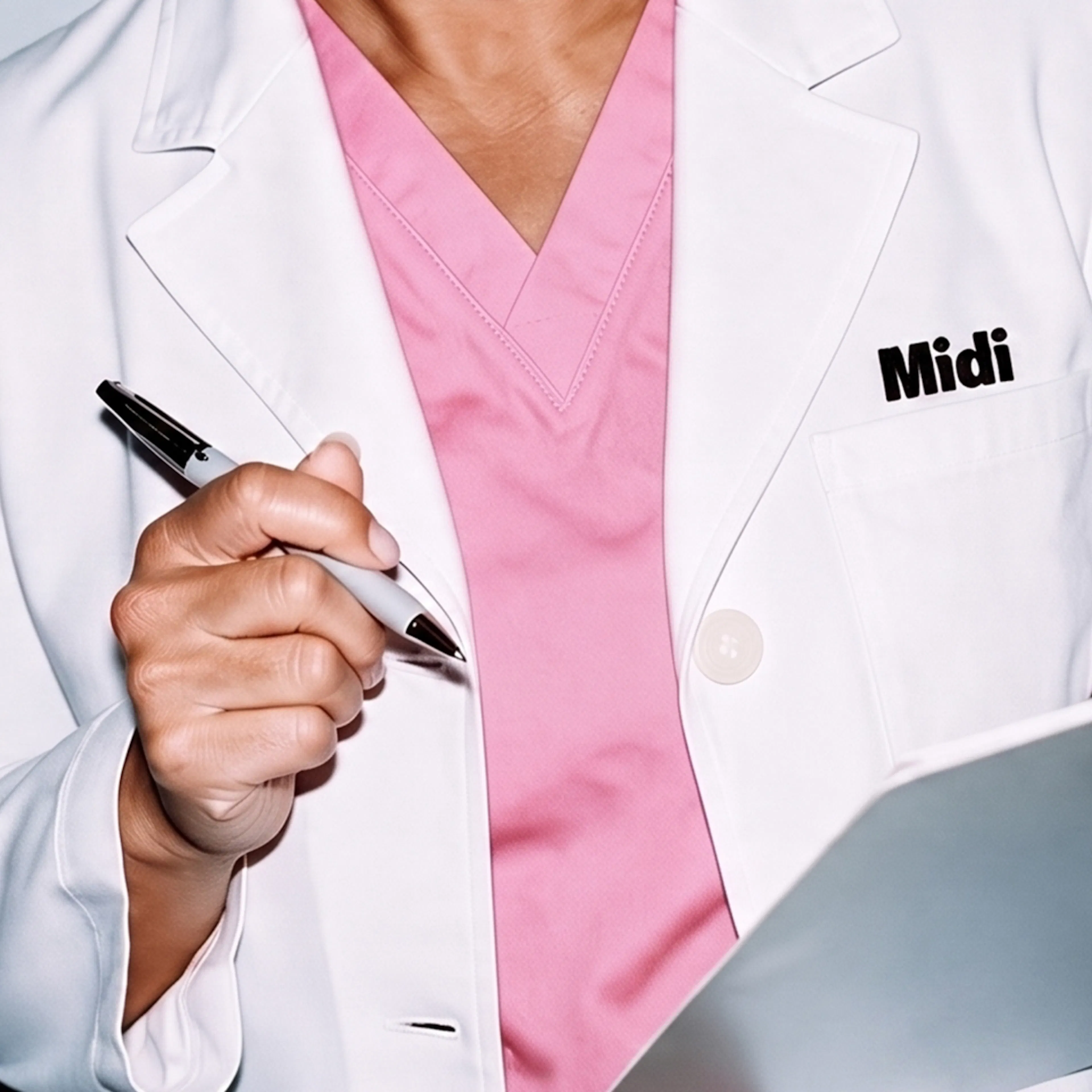 A close-up photo of a Midi clinician in a labcoat writing on a clipboard.