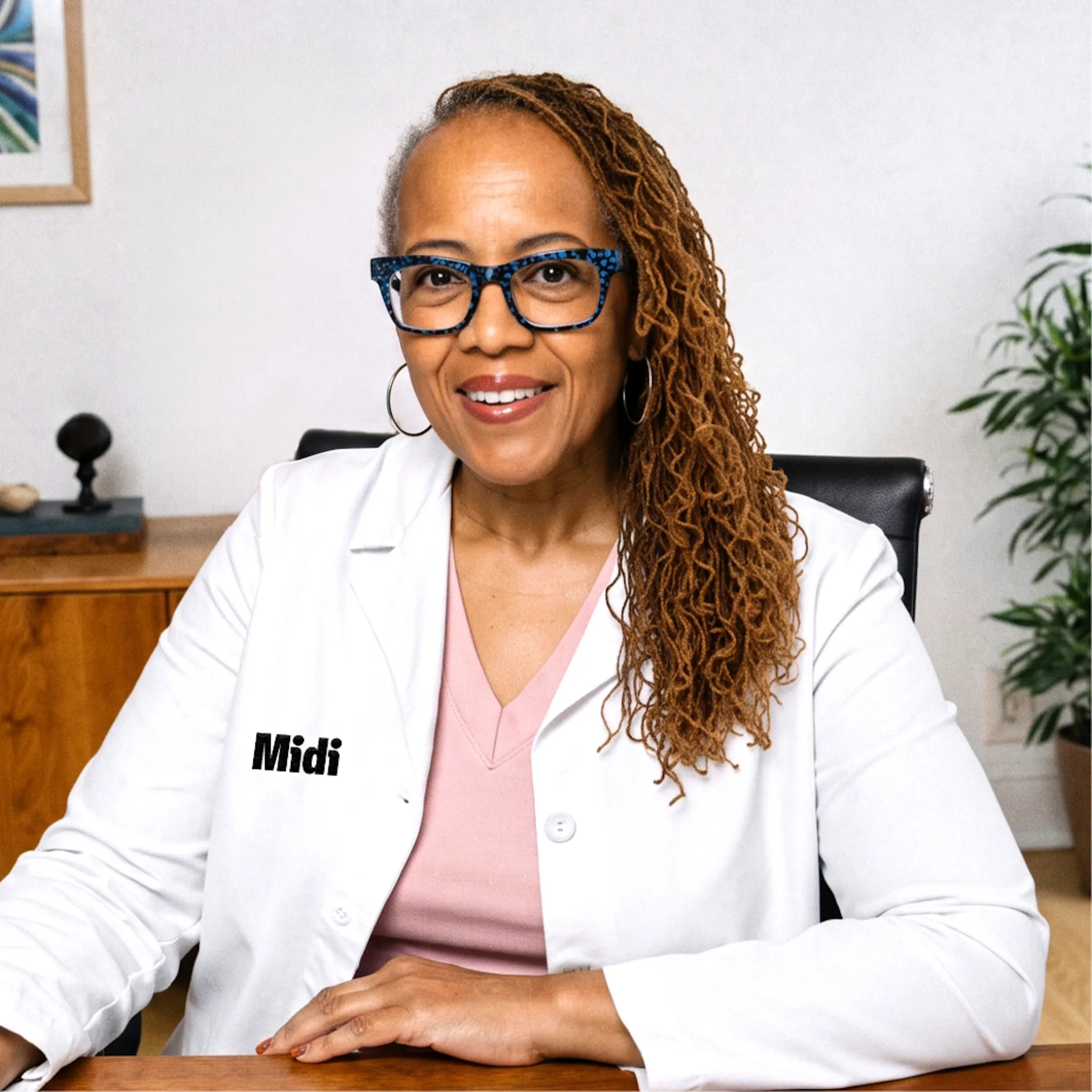 A Midi clinician smiling and sitting at her desk, wearing pink scrubs and a white Midi labcoat.