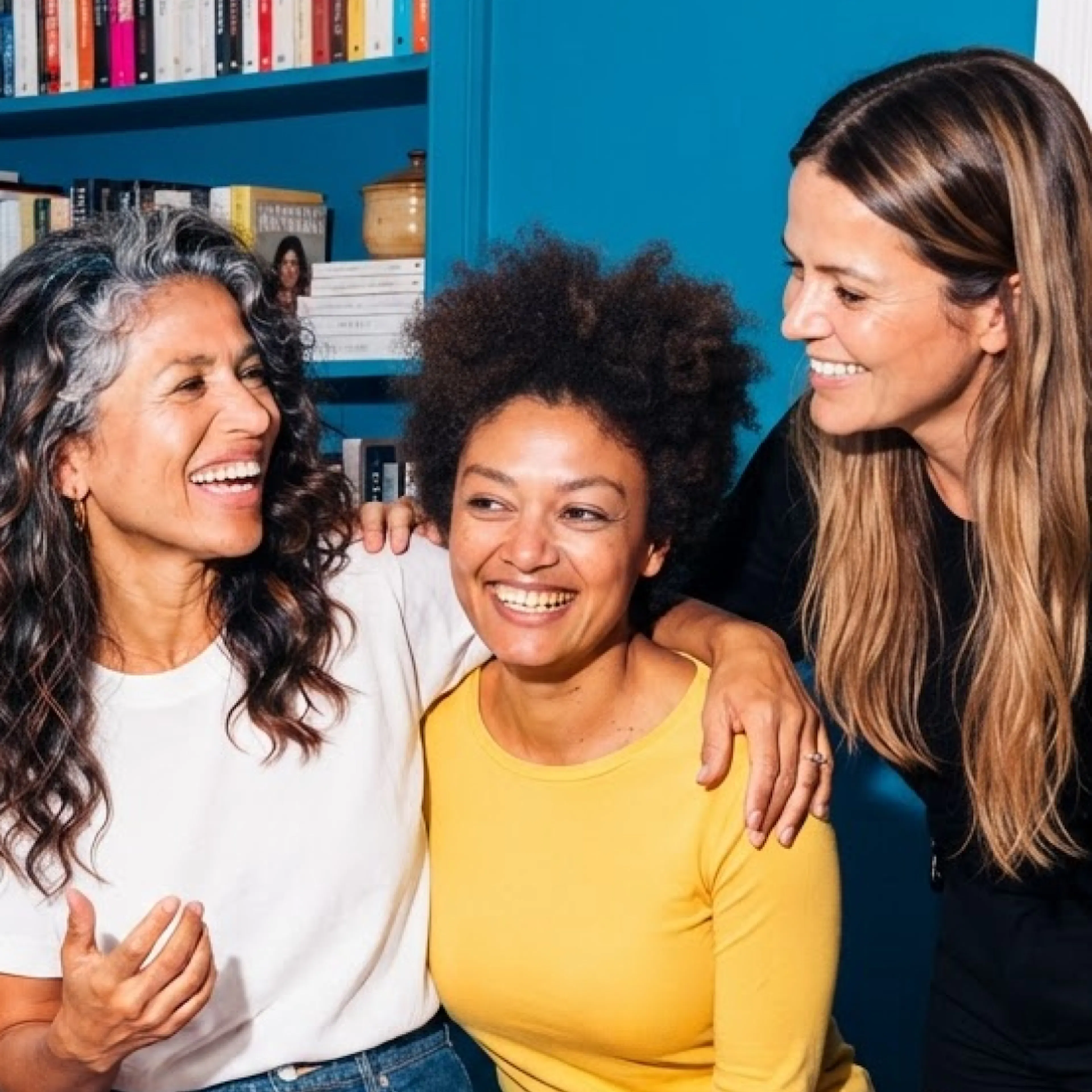 Three women in perimenopause, smiling and hanging out together.