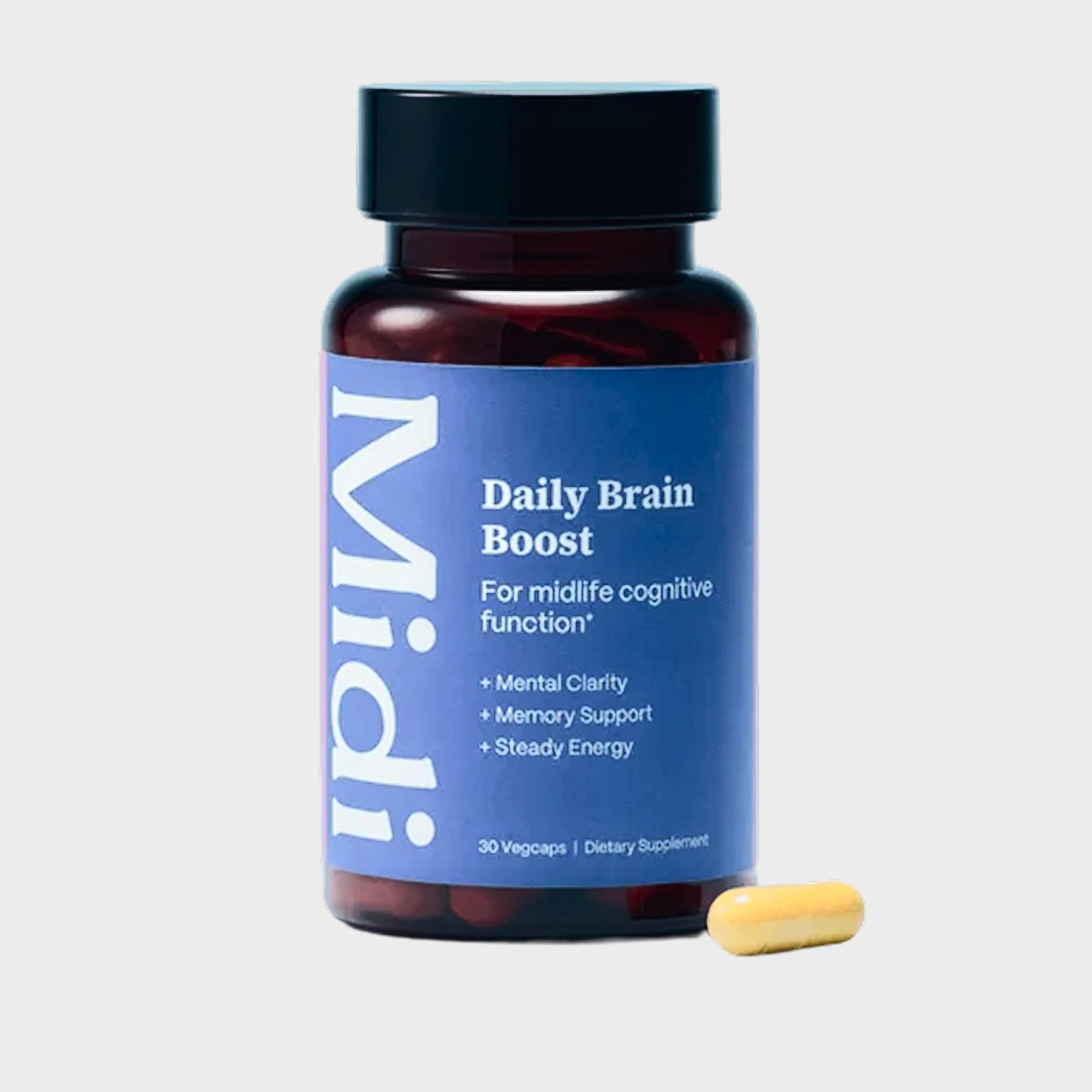 Daily Brain Boost supplement bottle with yellow capsule