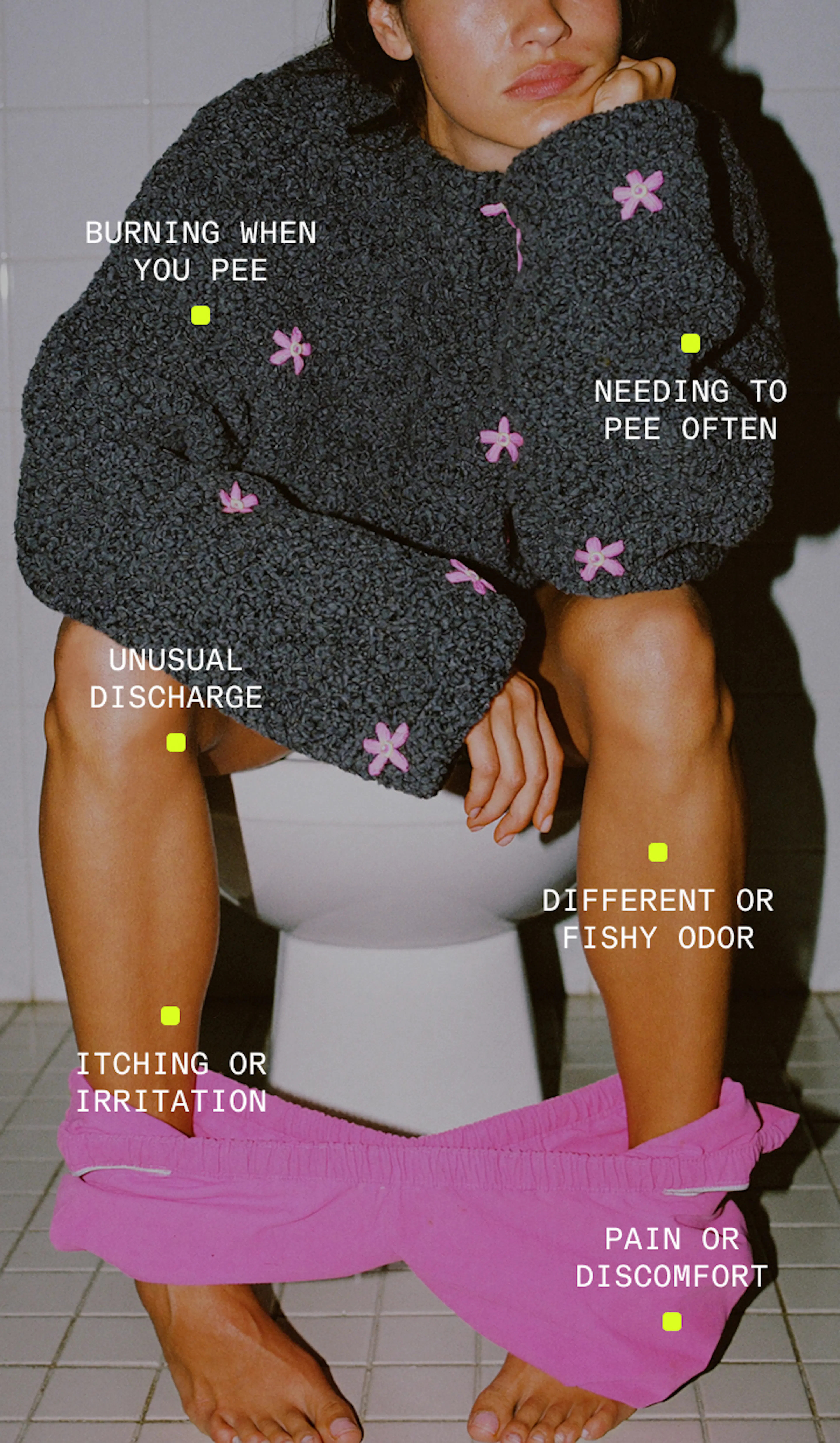 irregular period, toilet, pink shorts, sad, star sweater