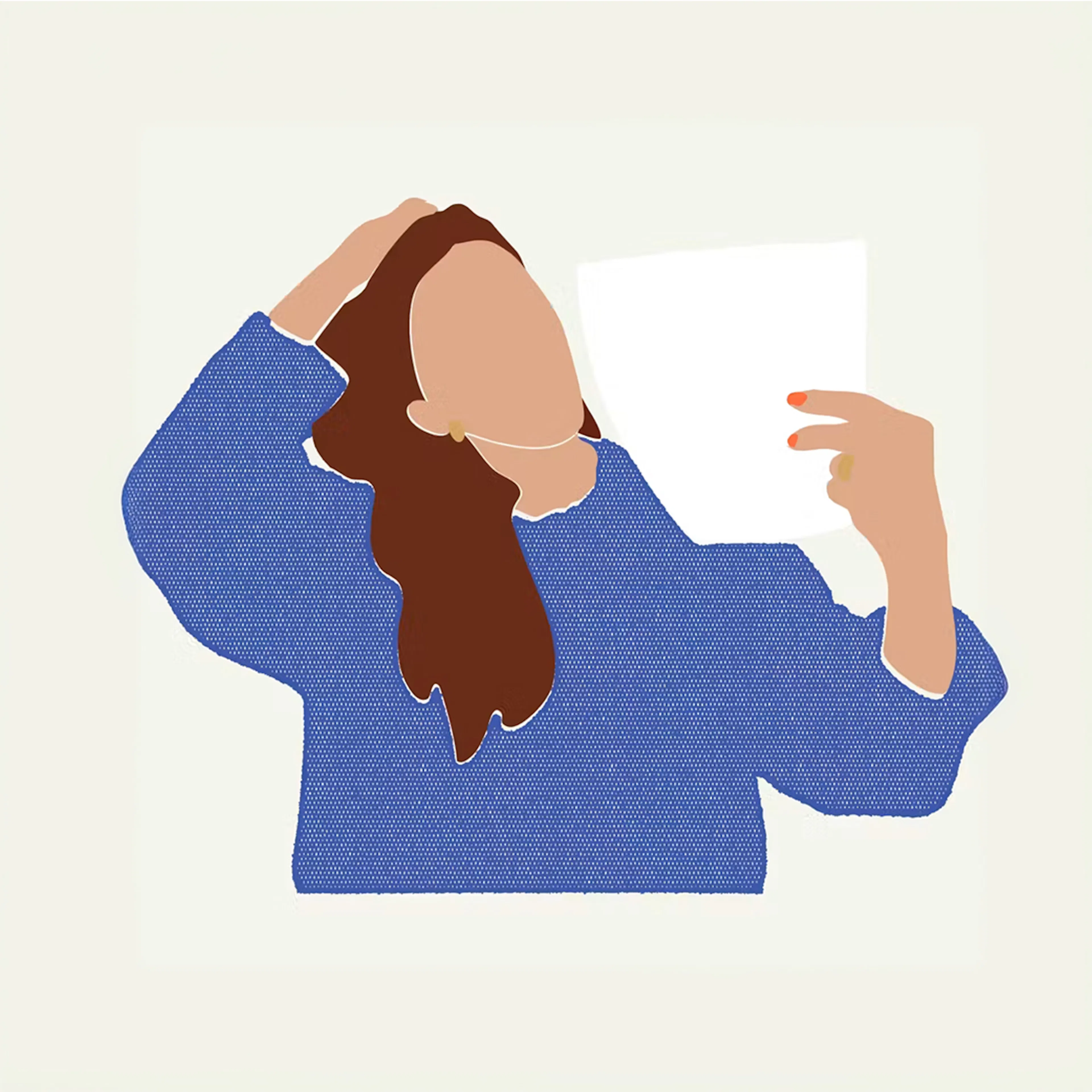 A faceless graphic illustration of a woman with long brown hair wearing a blue textured sweater holding a white piece of paper in front of her face while resting her other hand on top of her head
