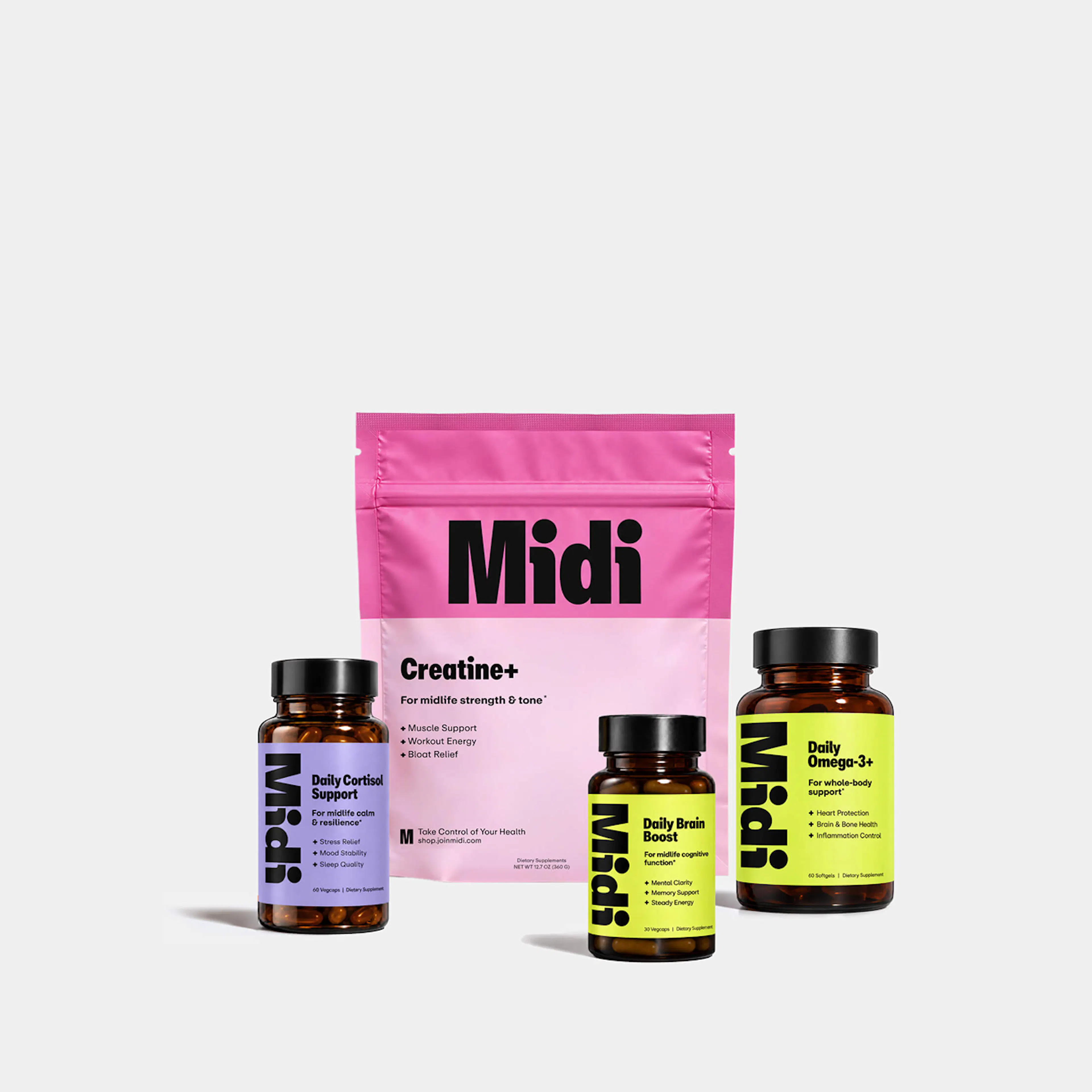 creatine+, daily cortisol support, daily brain boost, daily omega 3+