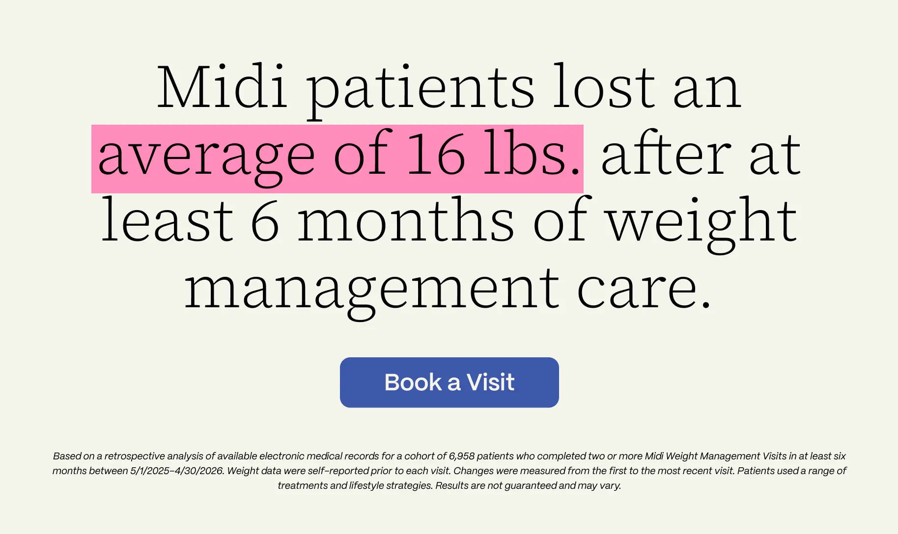 A module that says "Midi patients lost an average of 16 lbs. after at least 6 months of weight management care" with a disclaimer and a "book a visit" button.