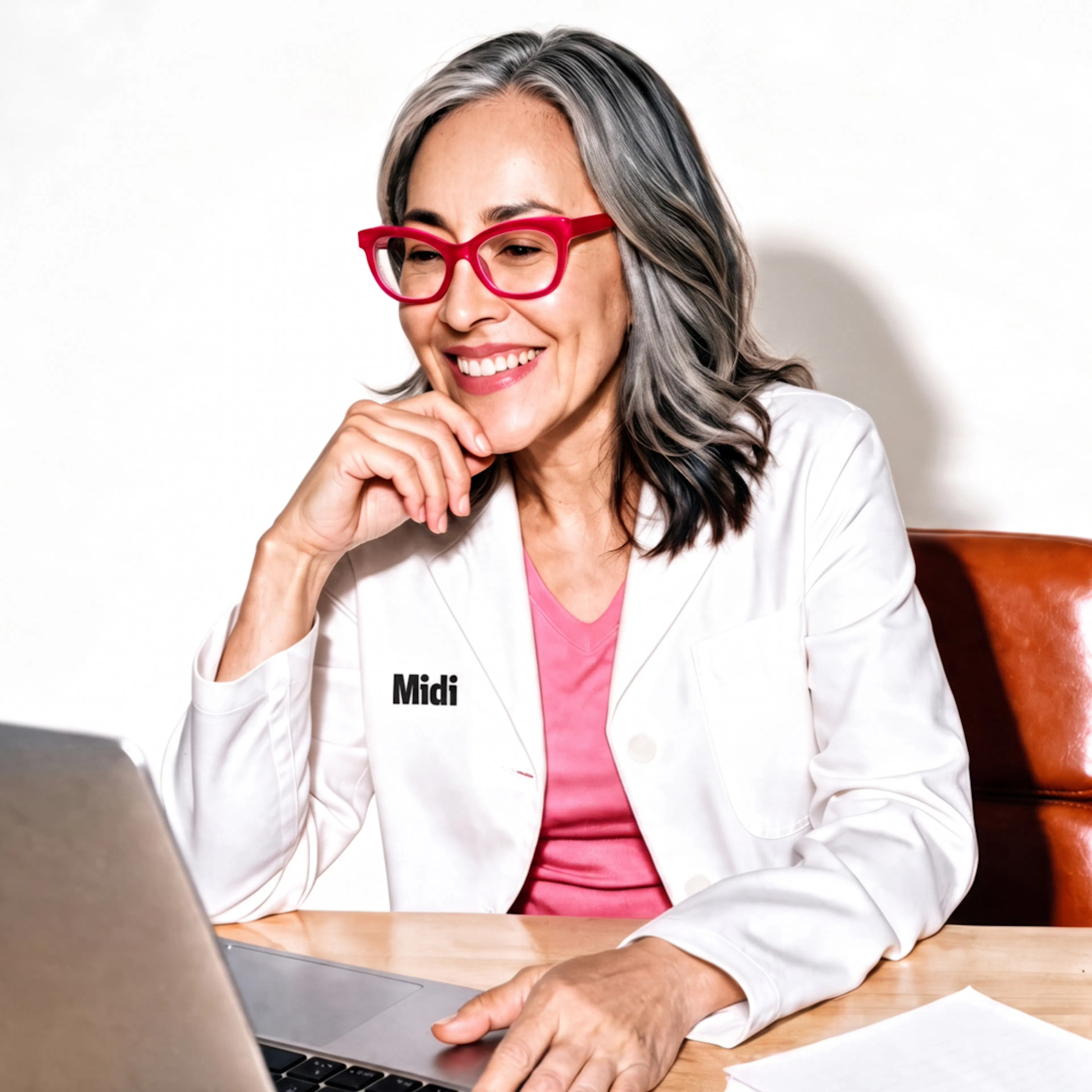A Midi clinician sitting at her desk, smiling, on her laptop.