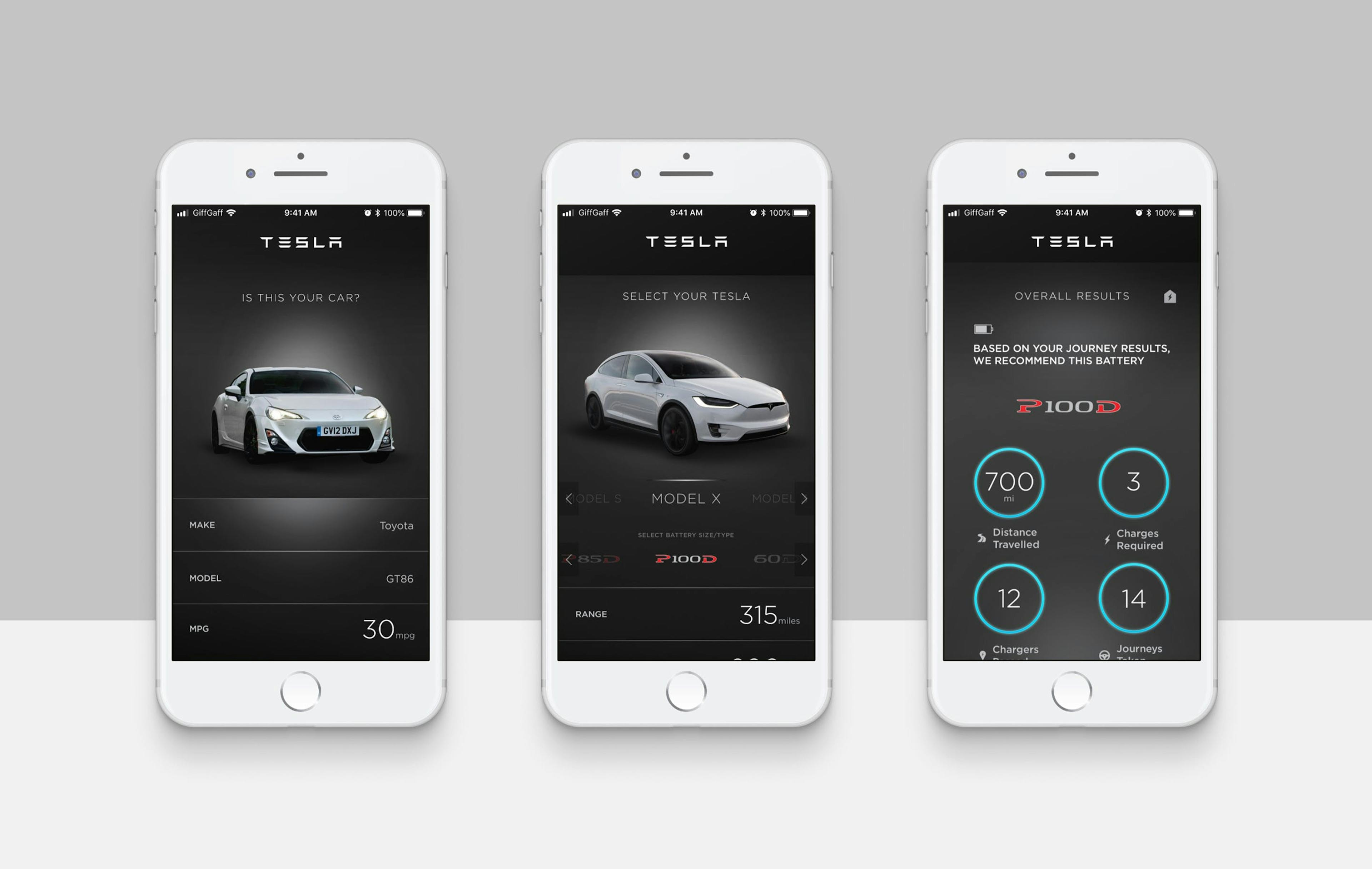 Tesla Charge Ahead app setup screens