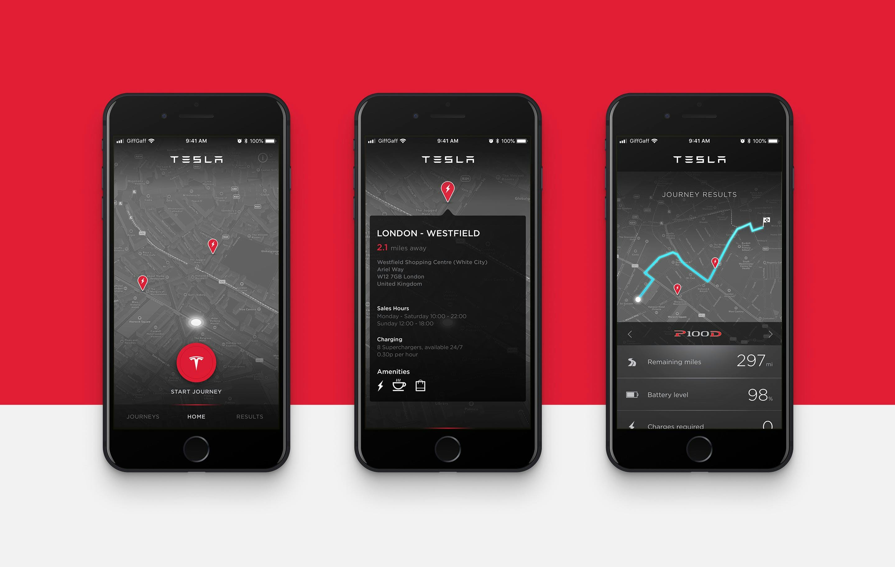 Tesla Charge Ahead app journey screens