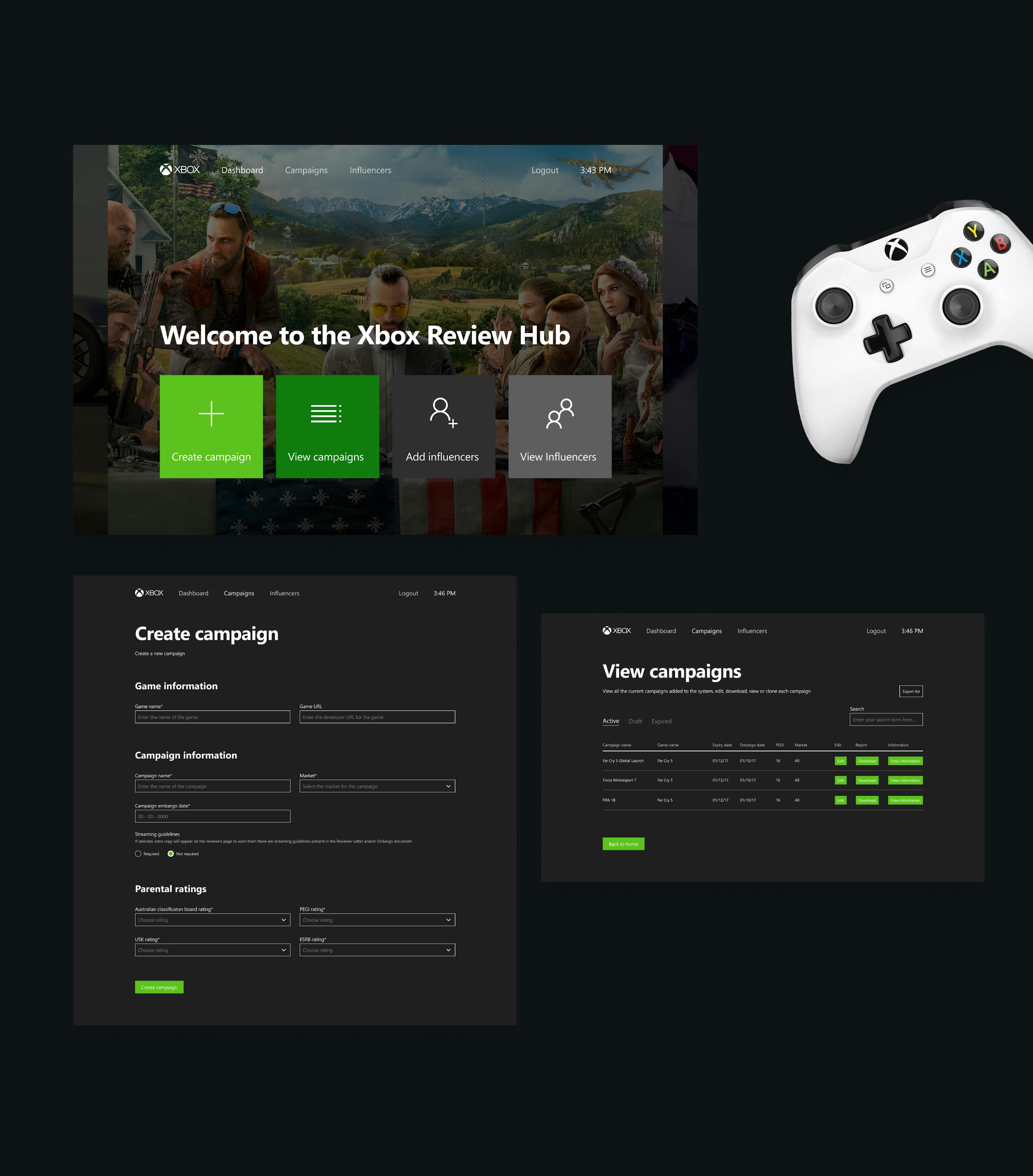 Dashboard pages for the Xbox Influencer Hub