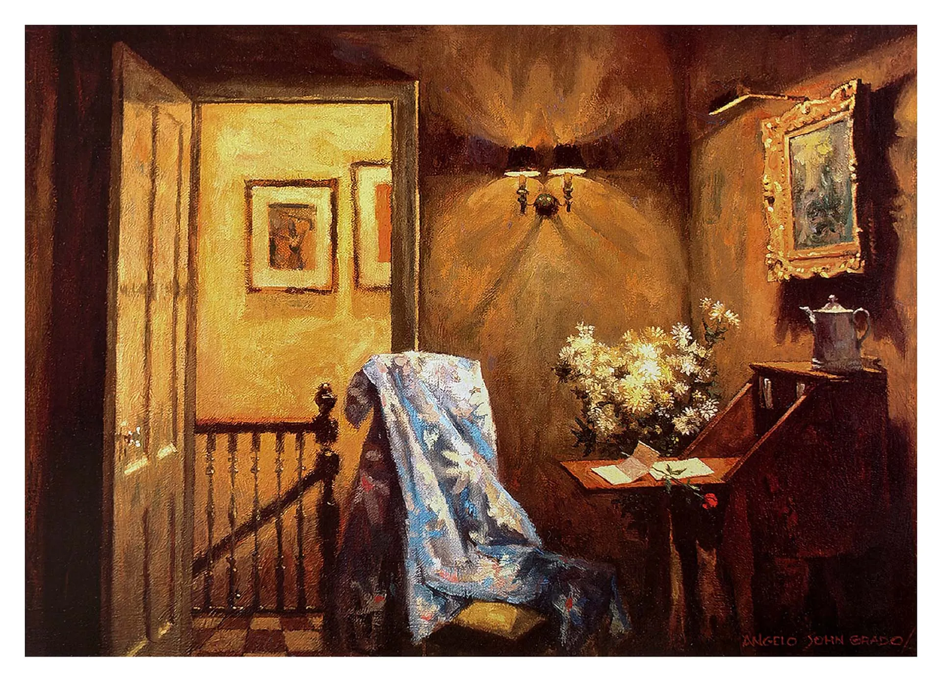 Love Lost by Angelo John Grado, an oil painting of an empty landing at night in warm amber light, a shawl left on a chair and a red rose across a letter