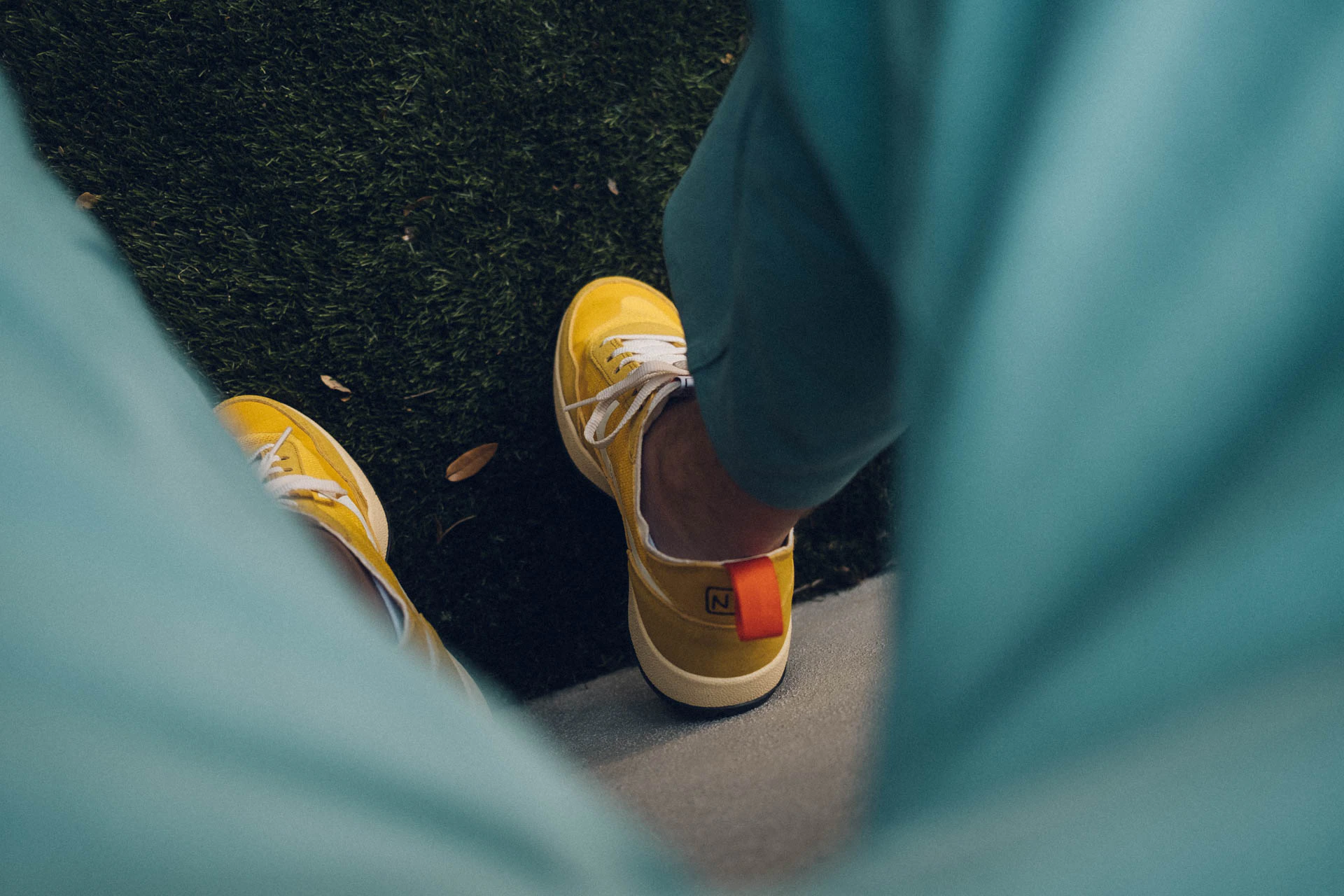 Yellow shoes and blue pants