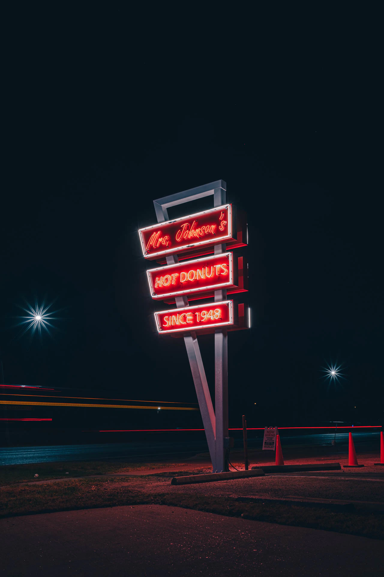 Mrs Johnsons Hot Donuts Neon Sign at Night