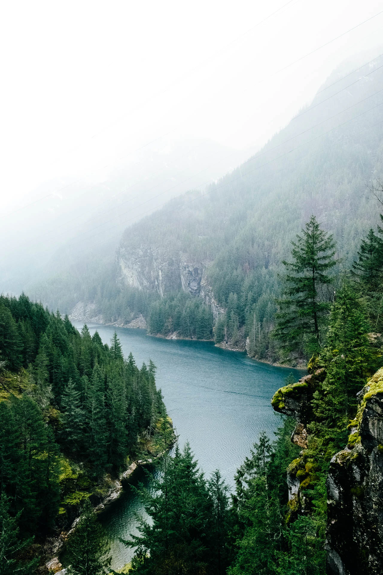 North Cascades and Diablo Lake in fog