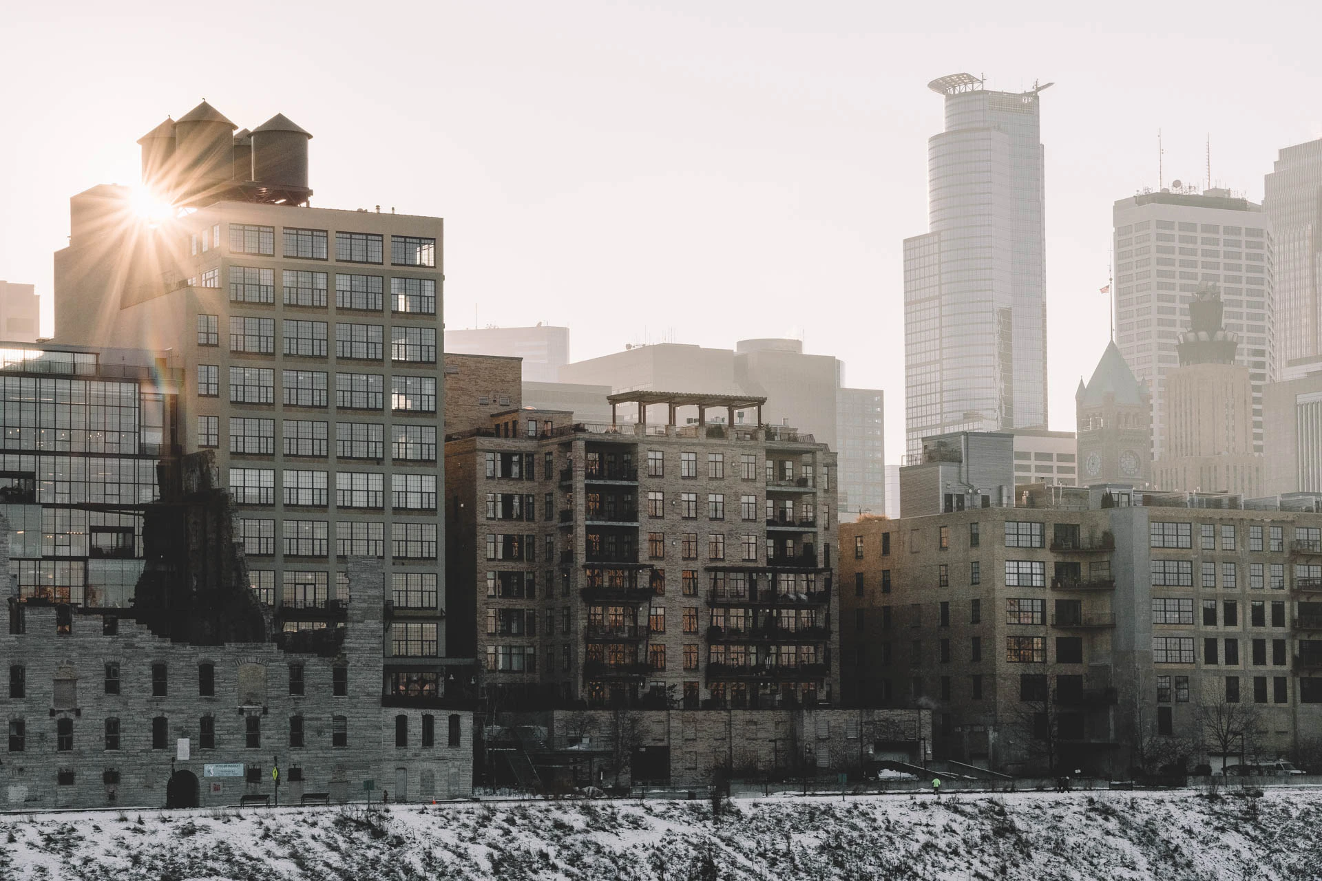 skyline from stone arch bridge Minneapolis