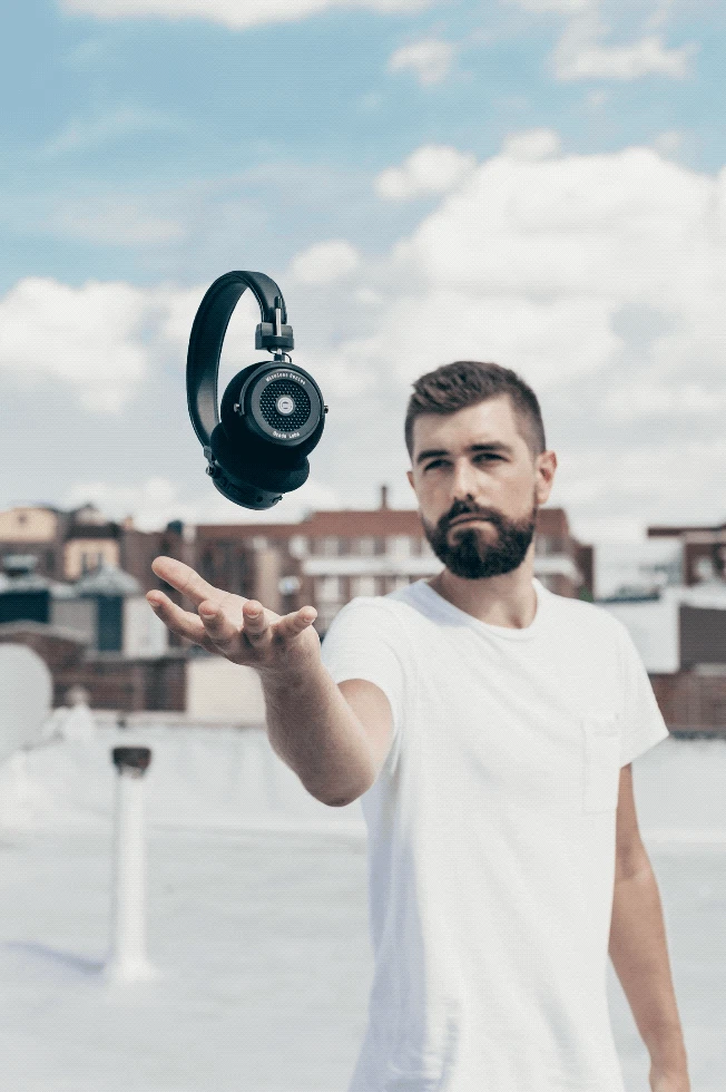 Jonathan Grado levitating the GW100 wireless grado headphones