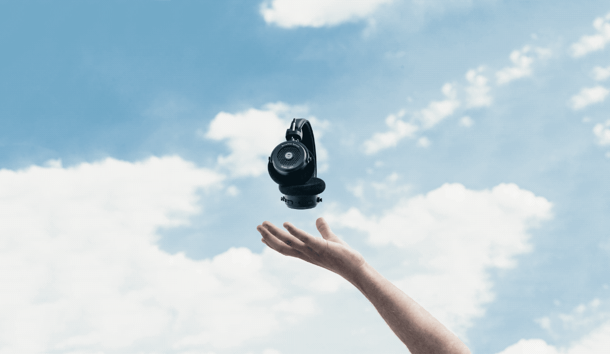 GW100 wireless grado headphones levitating in a hand