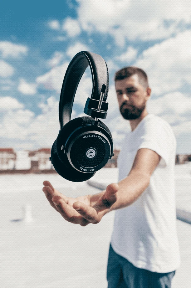 Jonathan Grado levitating the GW100 wireless grado headphones
