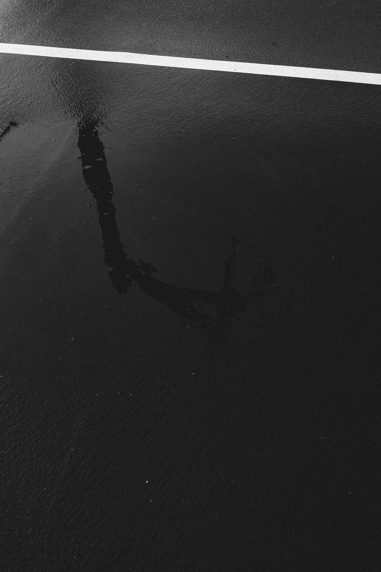 basketball hoop in the reflection of a rainy blue and green court. black and white.