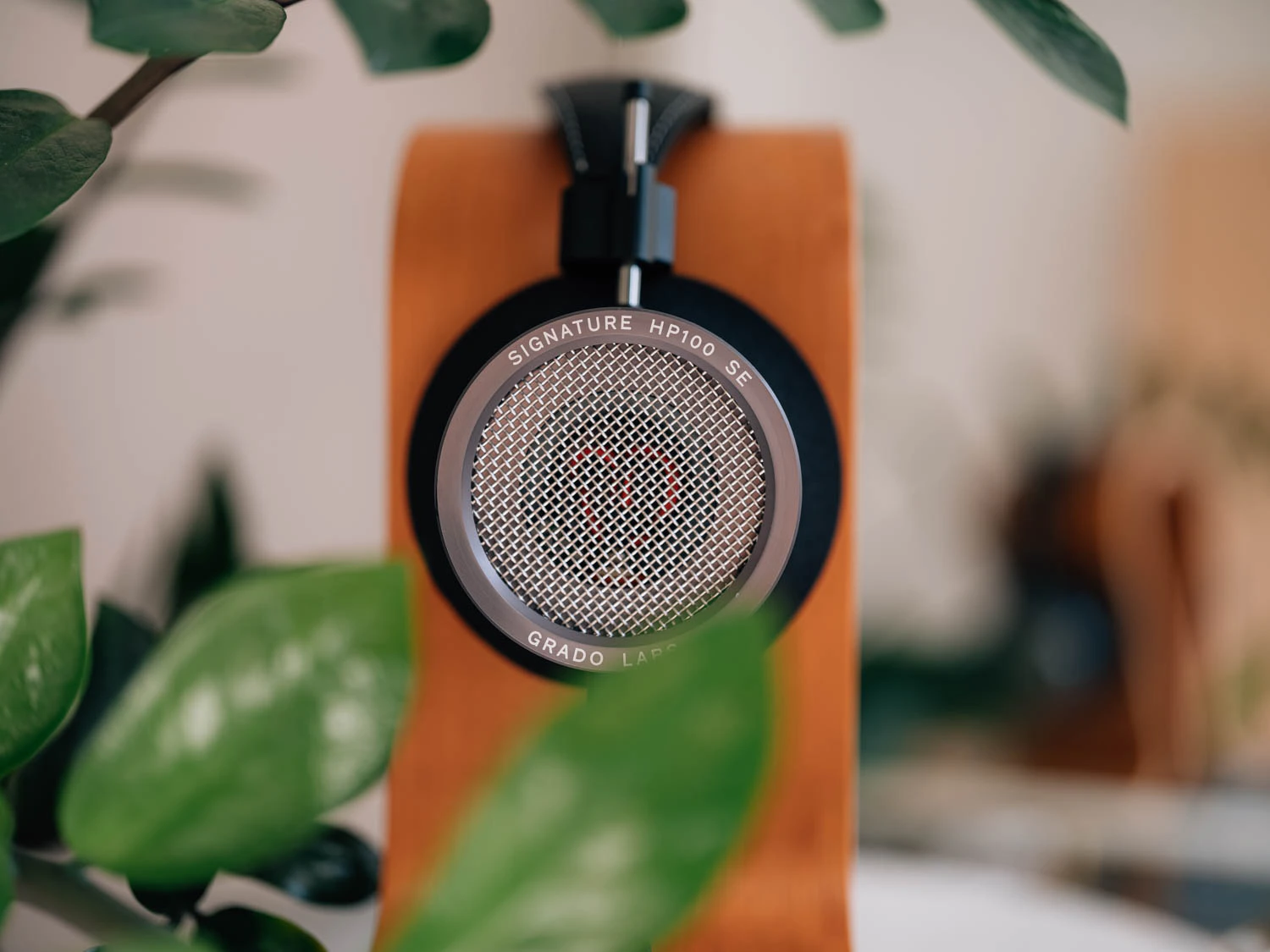 Grado HP100 SE headphones shot on Fujifilm gfx100s ii with plants and headphone stand