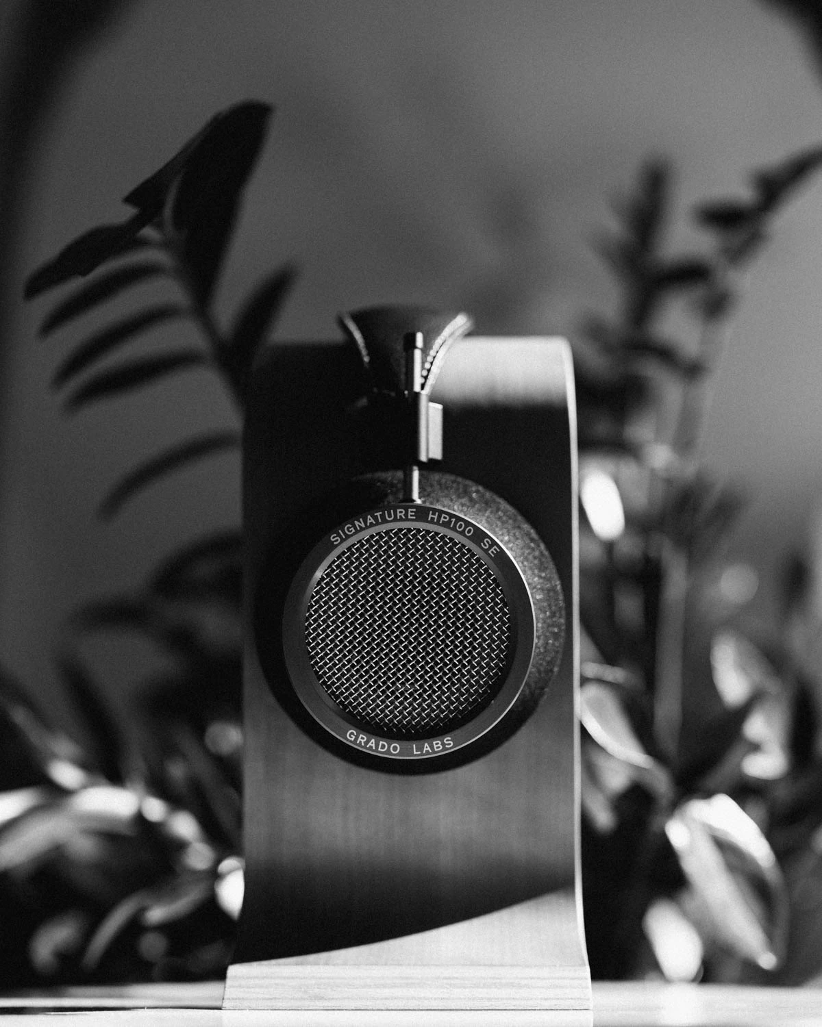 Grado HP100 SE headphones shot on Fujifilm gfx100s ii with plants and headphone stand in black and white