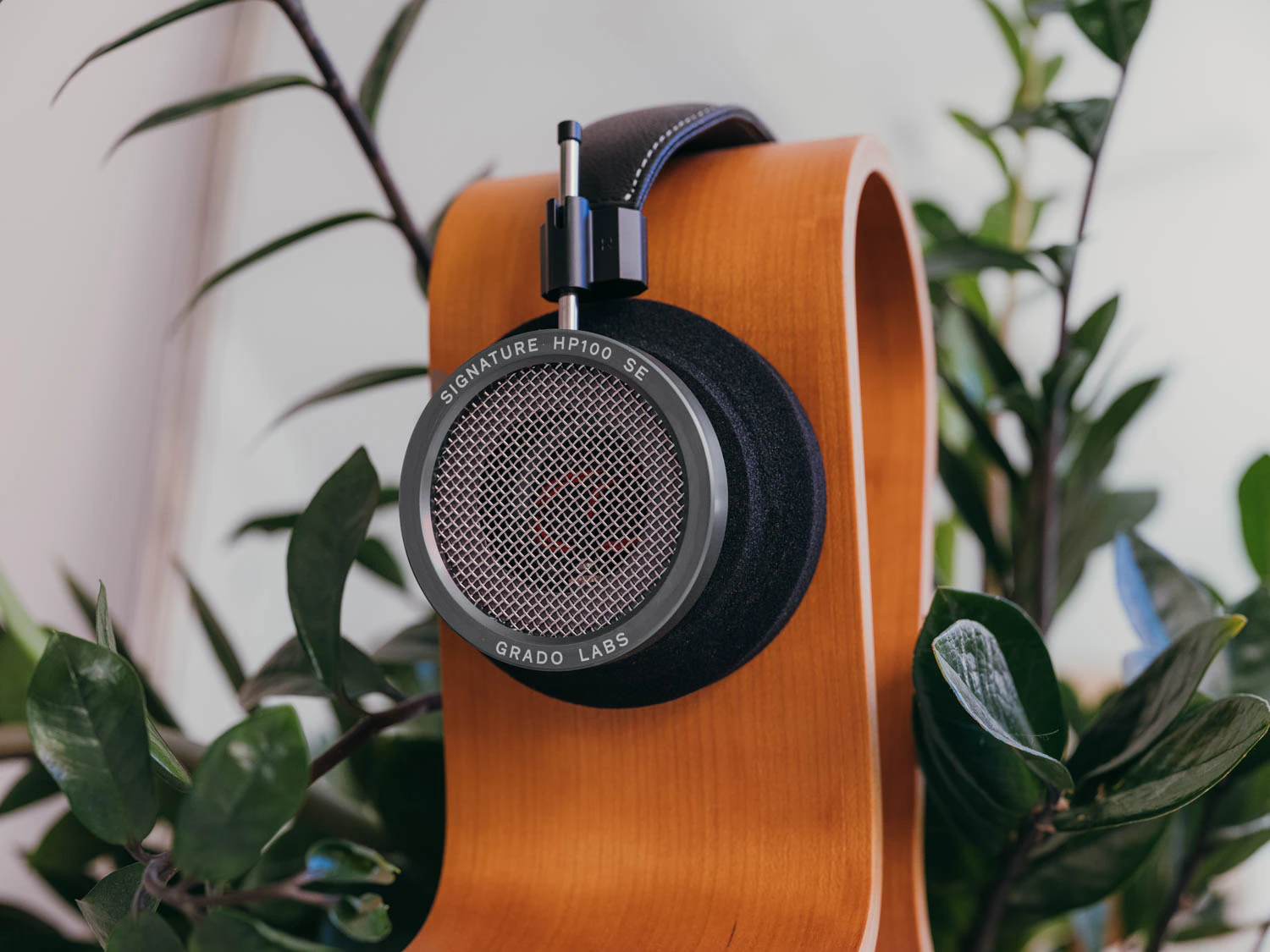 Grado HP100 SE headphones shot on Fujifilm gfx100s ii with plants and headphone stand