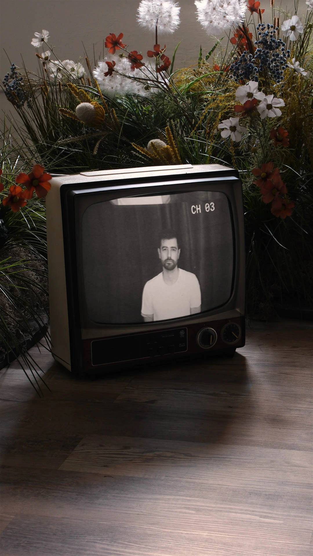 An old CRT tv in a garden with Jonathan Grado self-portrait on screen in front of flowers. For Overthinking video
