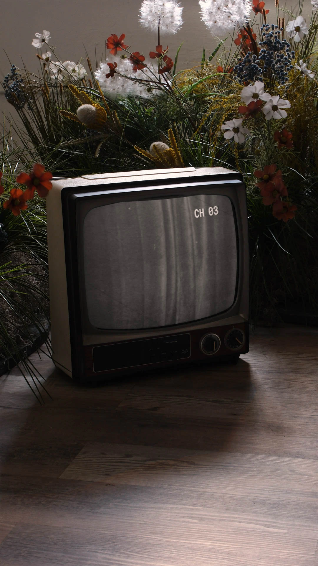 An old CRT tv with a static screen in a garden.