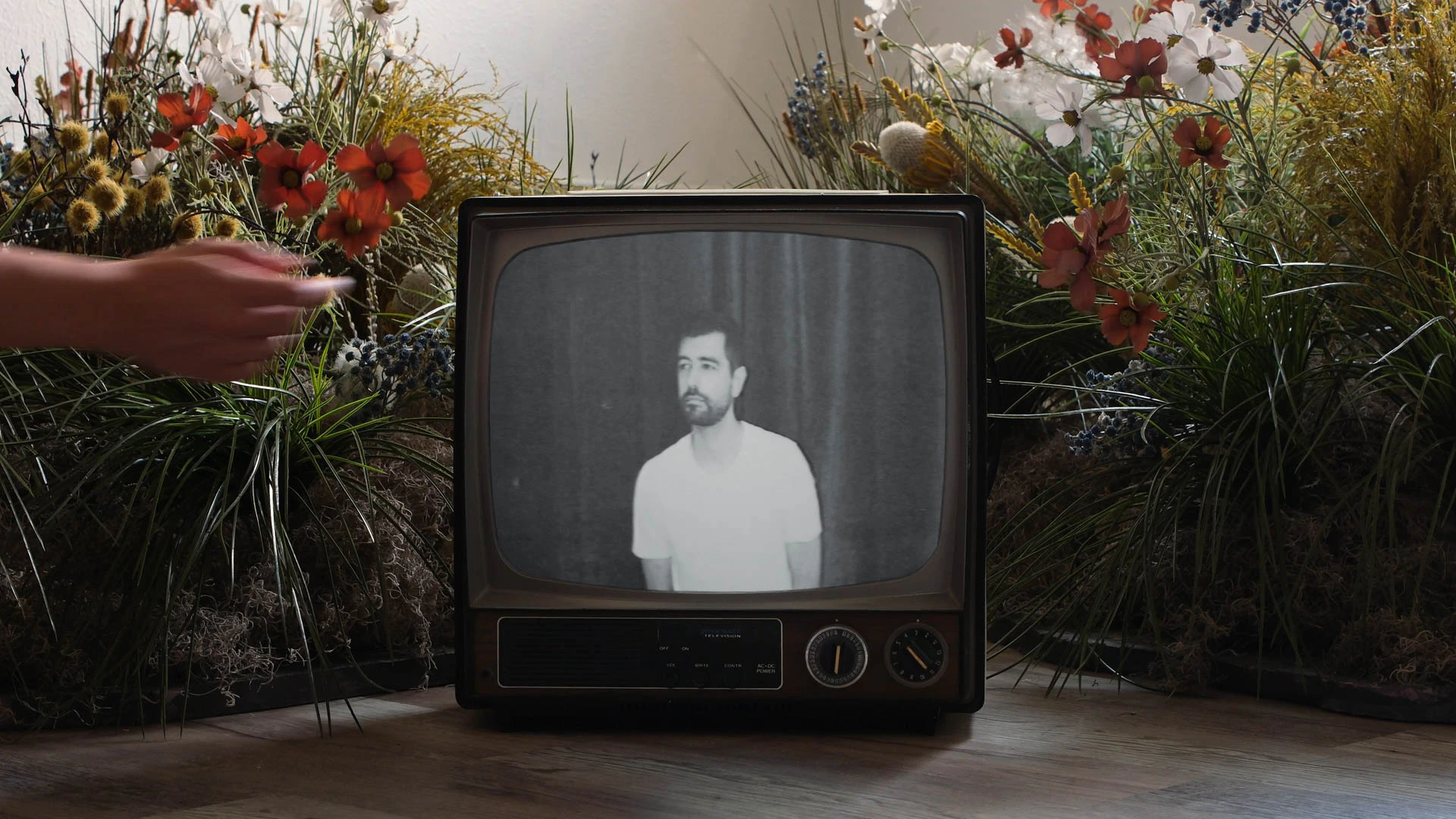 An old CRT tv in a garden with Jonathan Grado self-portrait on screen in front of flowers. For Overthinking video