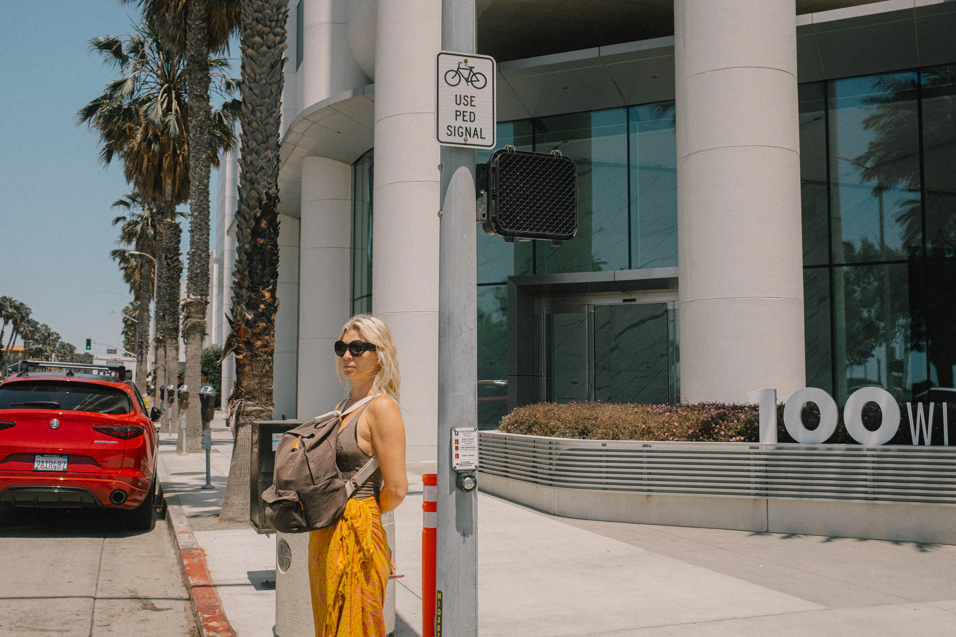 woman with a backpack in Santa Monica