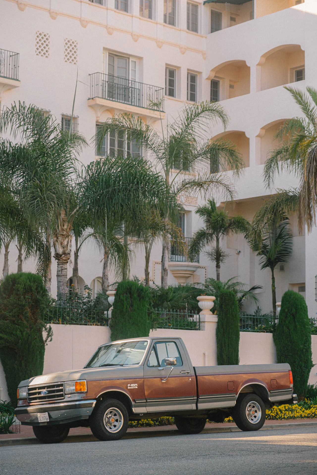 old pickup truck in front of a hotel in Santa Monica