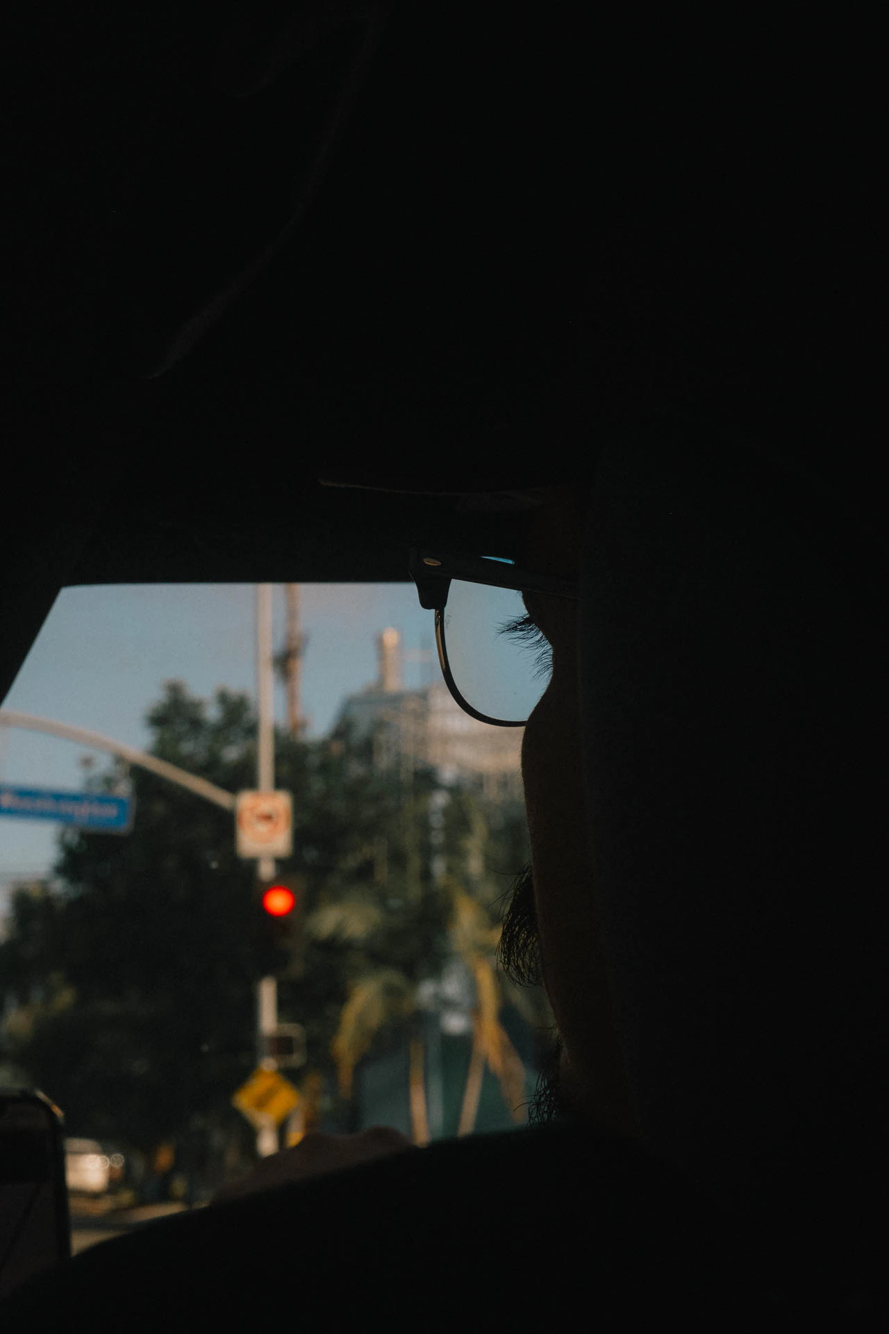 driver's silhouette and stop light in Los Angeles