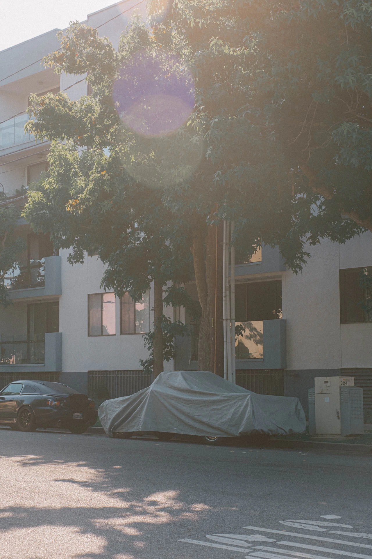 car under a tarp at sunrise in Santa Monica