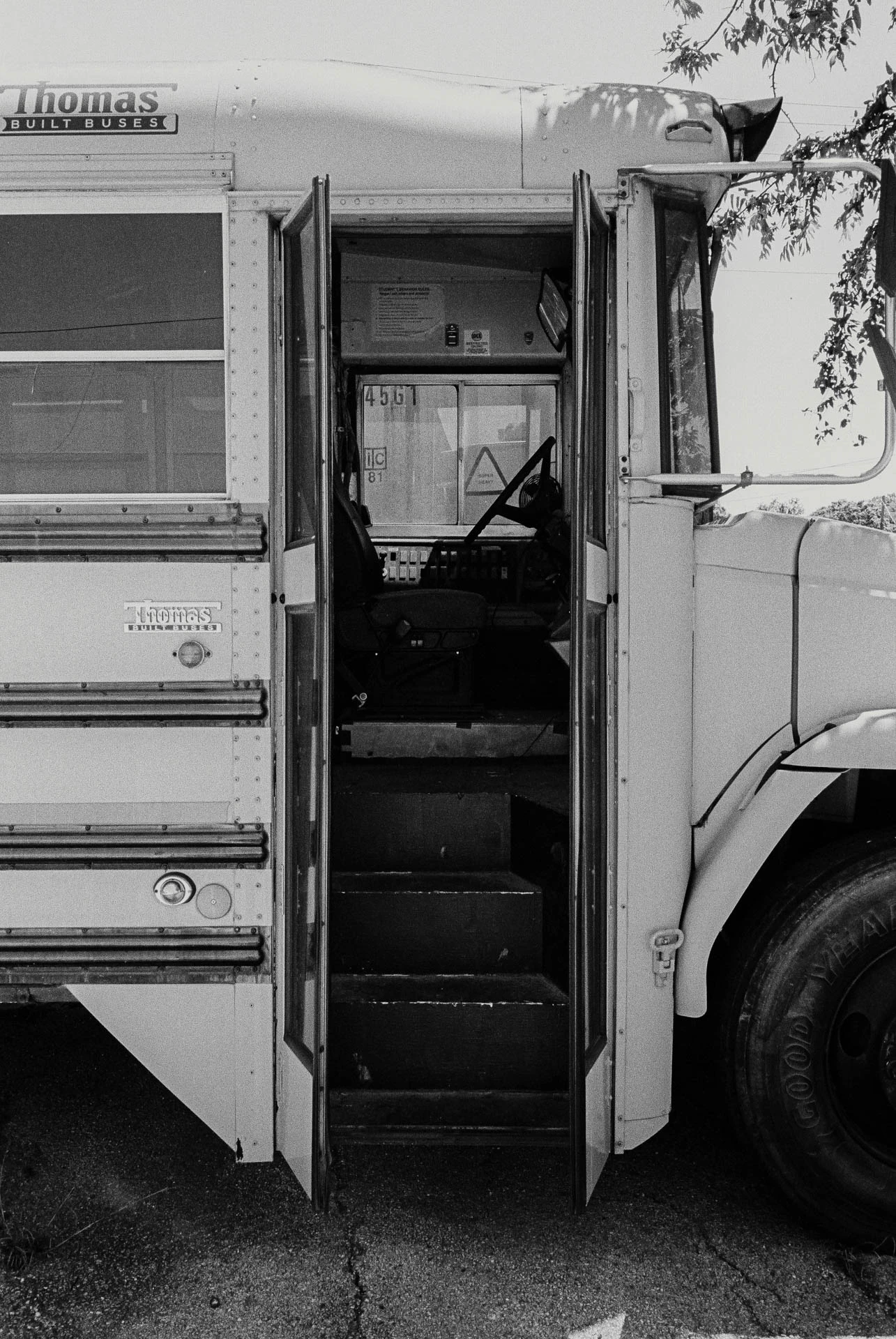 old school bus on black and white film in San Marcos