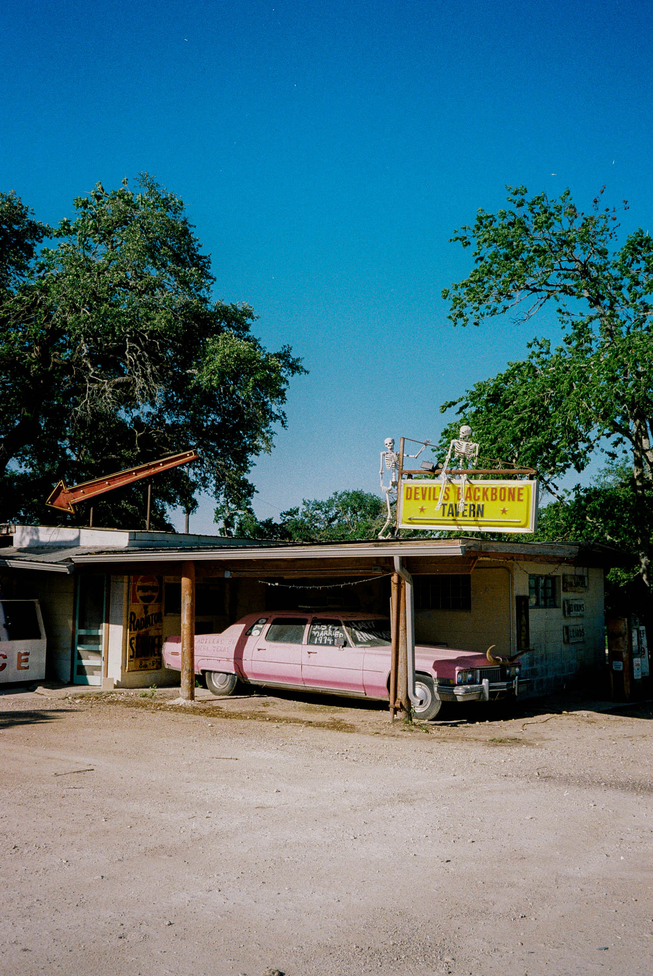 pink car at devils backbone in texas on film