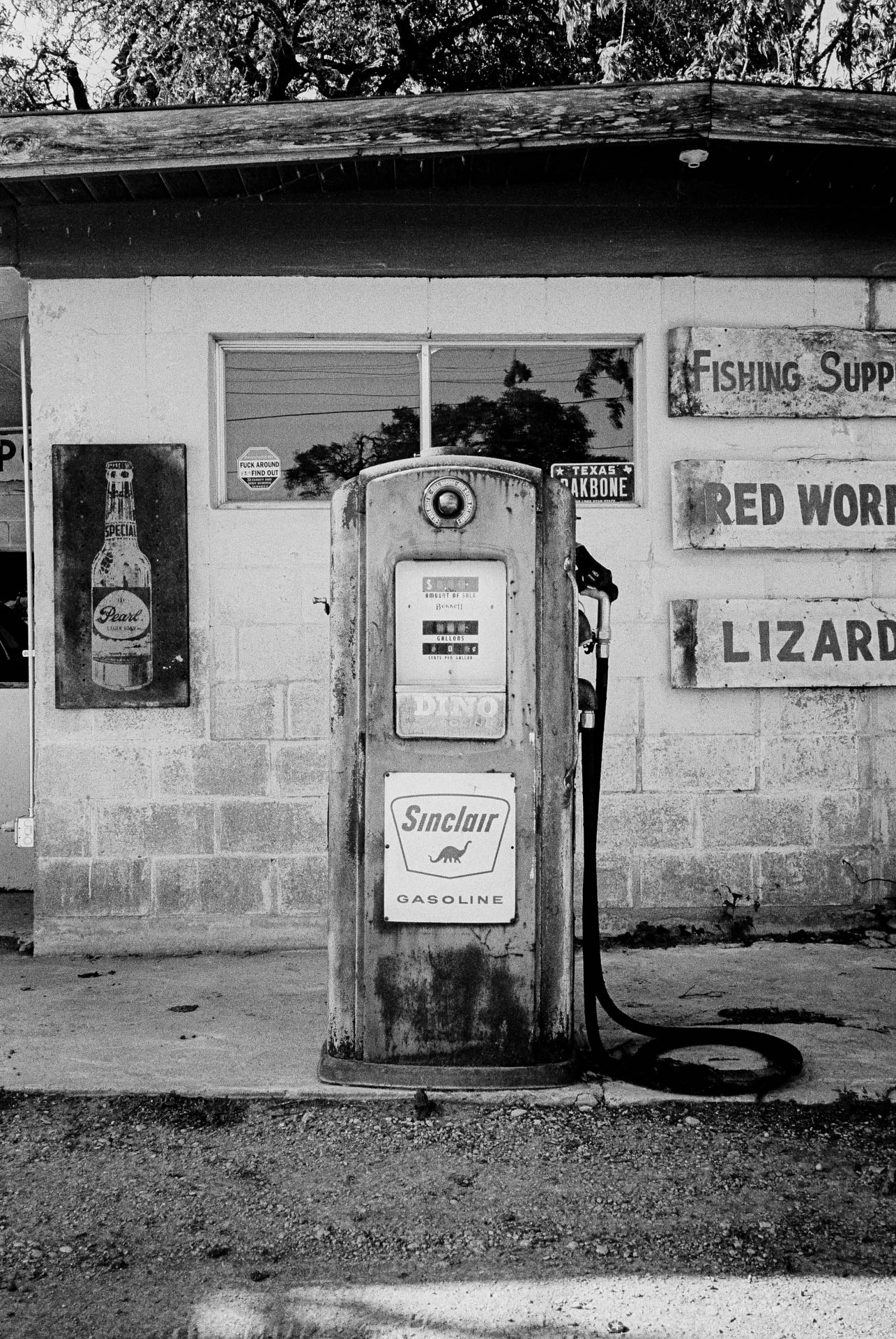gas pump at devils backbone in texas on black and white film