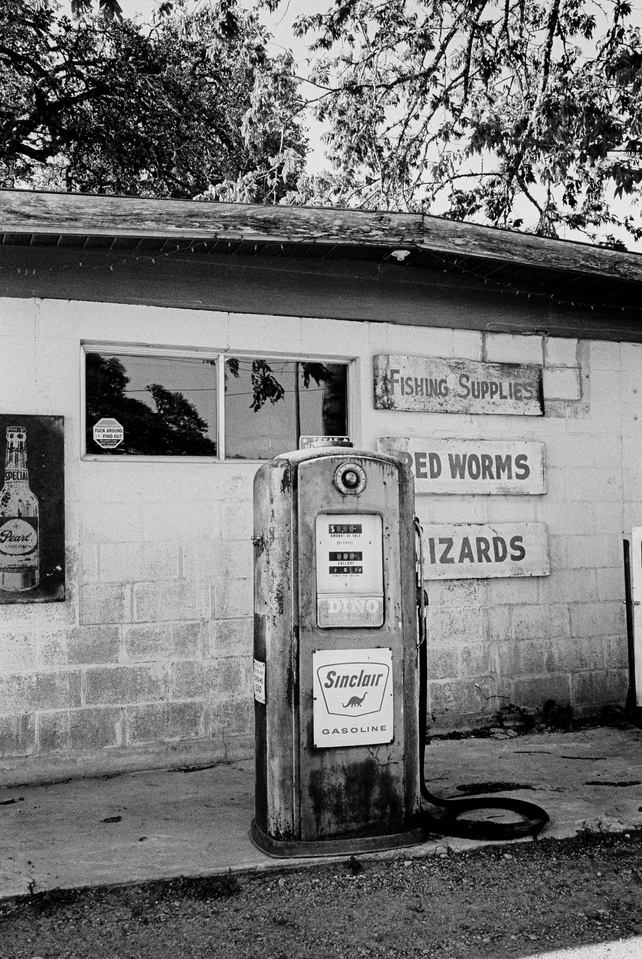 gas pump at devils backbone in texas on black and white film