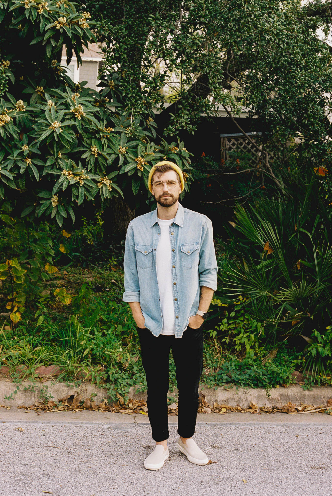 Jonathan Grado with glasses in yellow beanie in Austin, texas on film