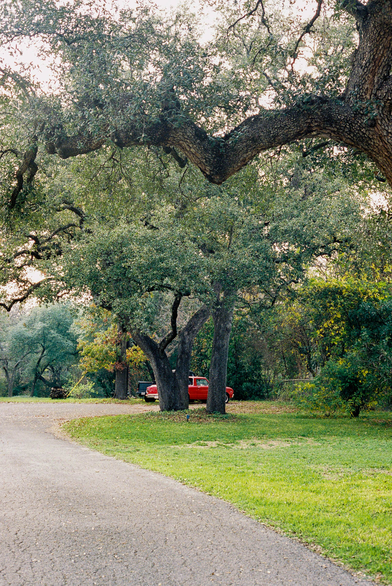 red car in a distant driveway on film
