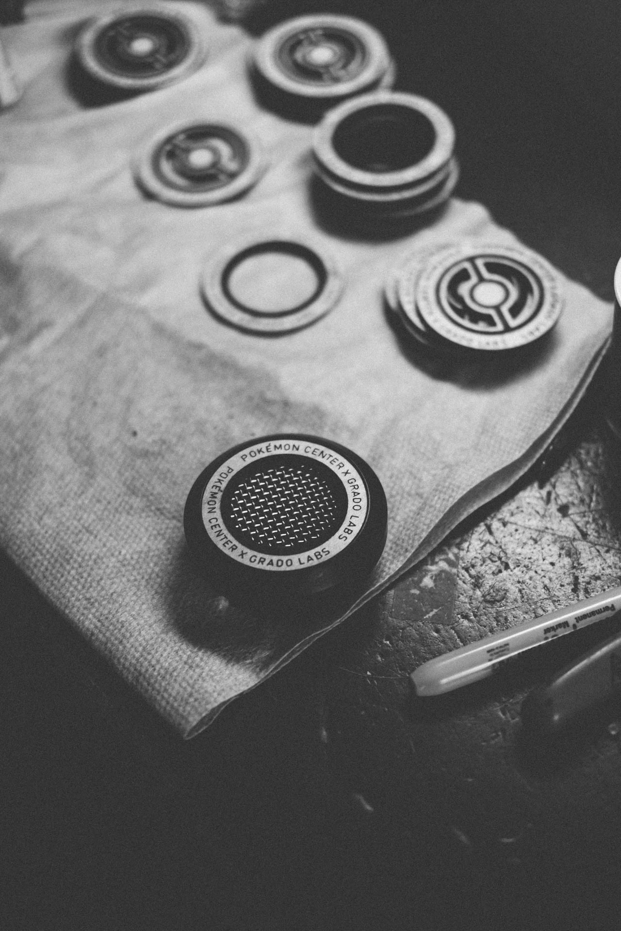 Grado Labs Pokémon metal headphones on the workbench