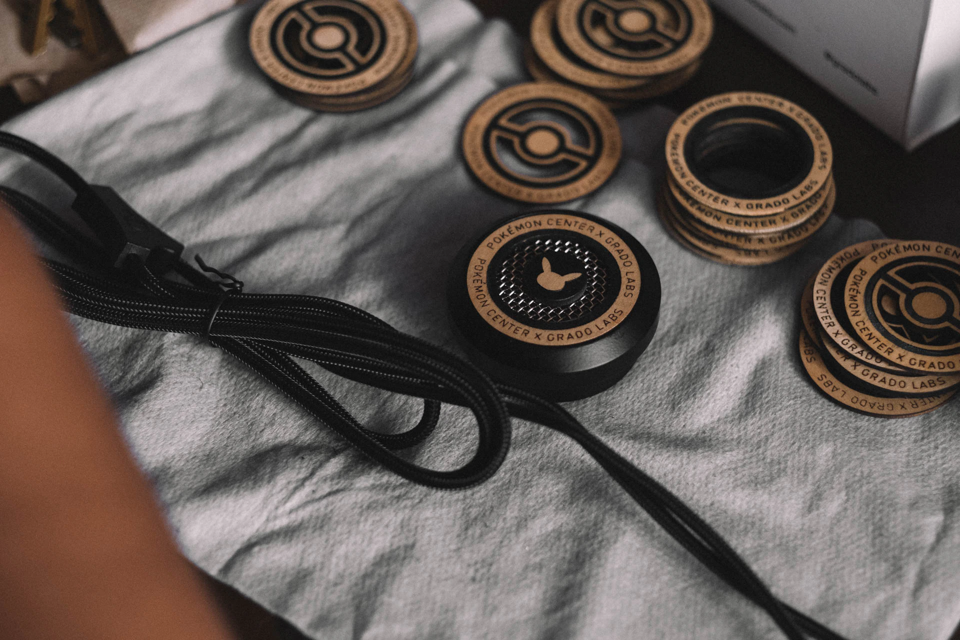 Grado Labs Pokémon metal headphones on the workbench