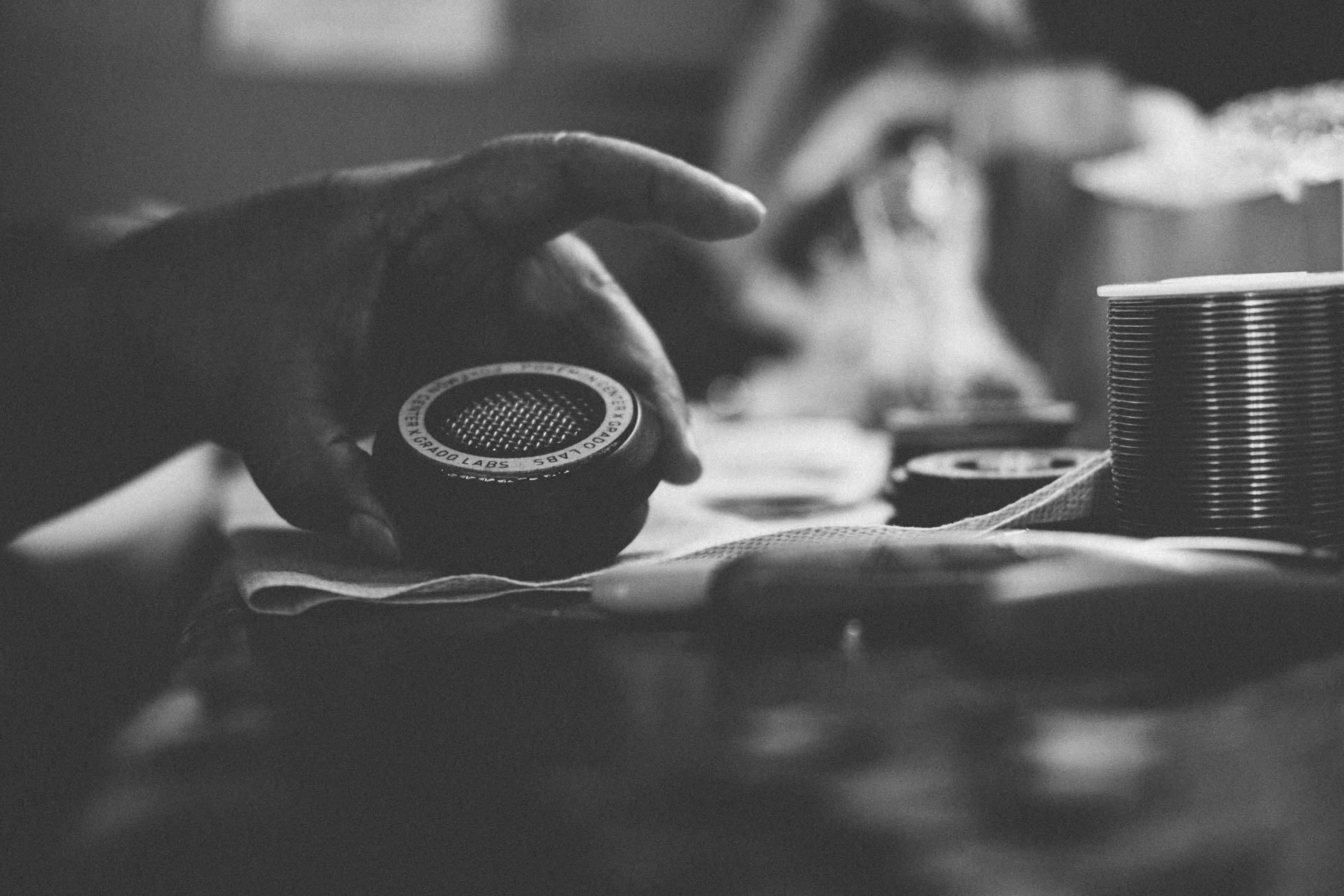 Grado Labs Pokémon metal headphones on the workbench